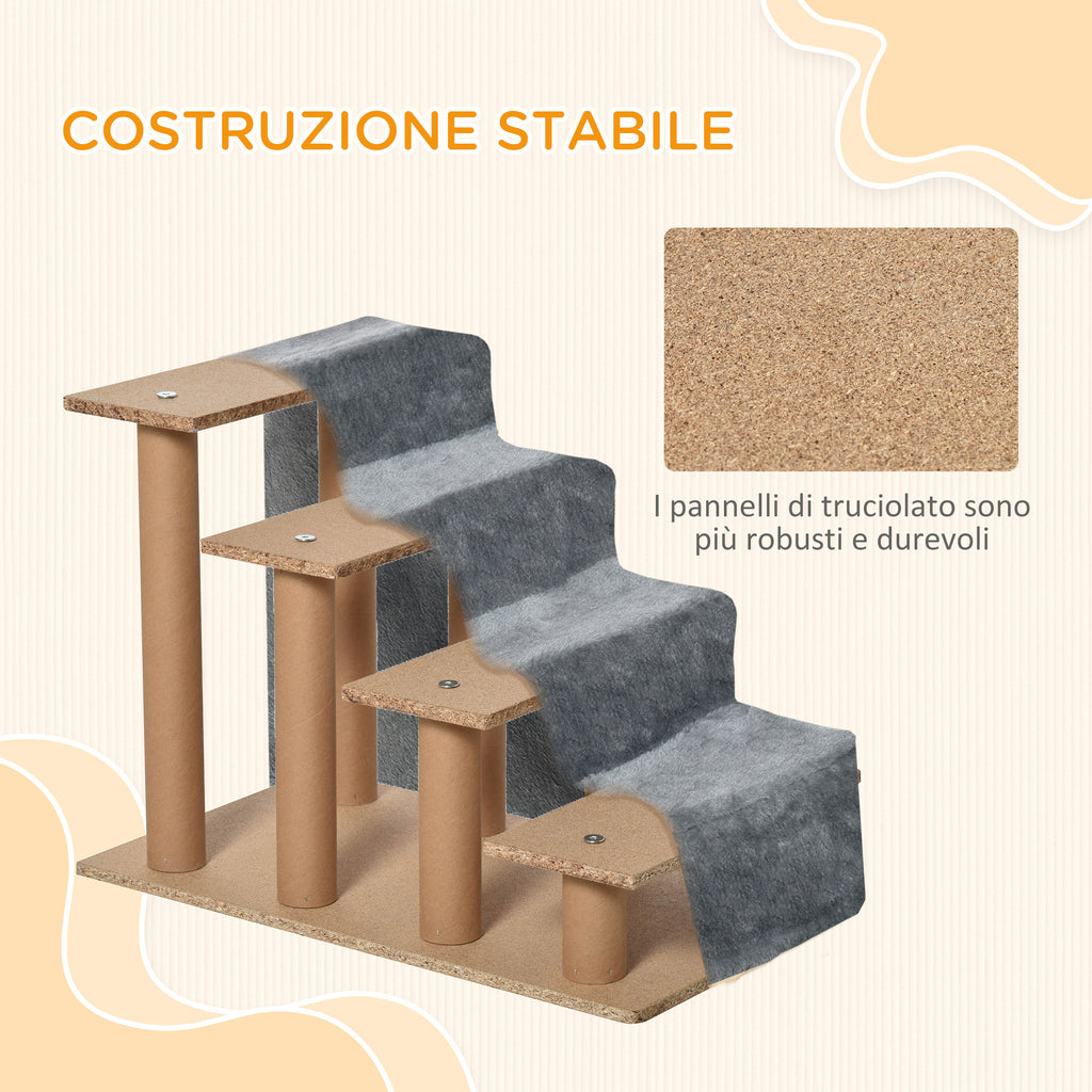 Portable 4-Step Dog Stairs, Removable Flannel and Chipboard, 60x35x44 cm, Grey