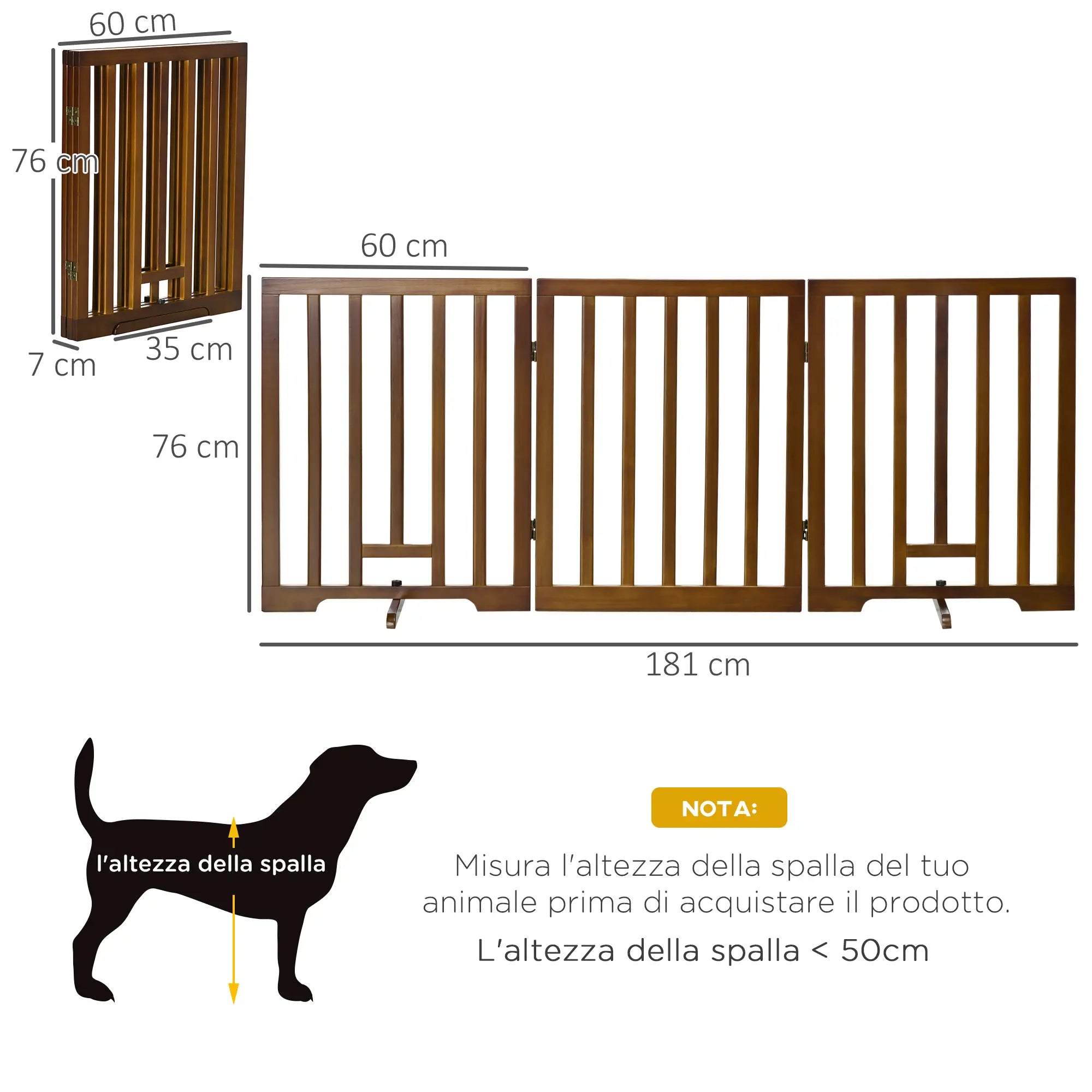 3 Panel Folding Dog Gate with Non-Slip Feet for Hallways, Stairs and Rooms, Pine Wood, 181x35x76 cm, Dark Brown - Borge' Group Limited