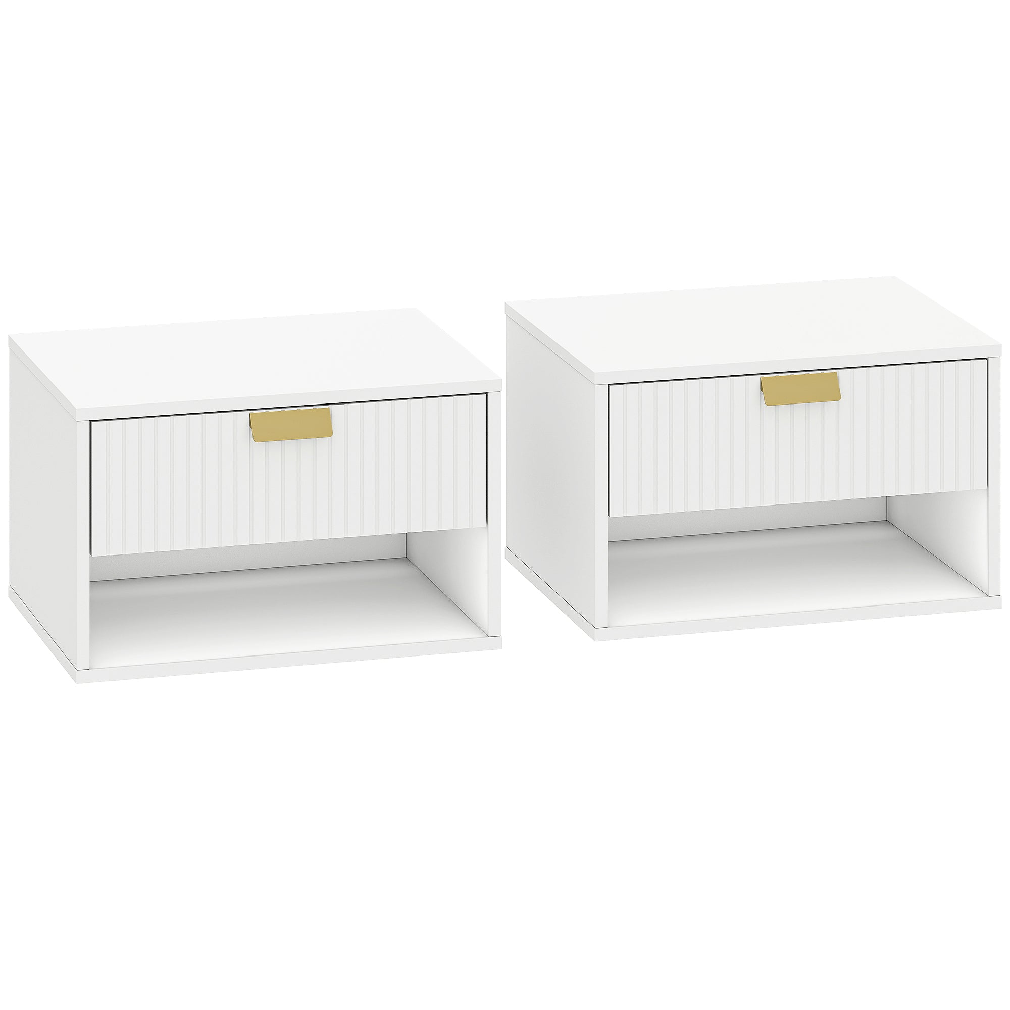 HOMCOM Set of 2 Floating Nightstands with Decorated Drawer and Open Shelf, White