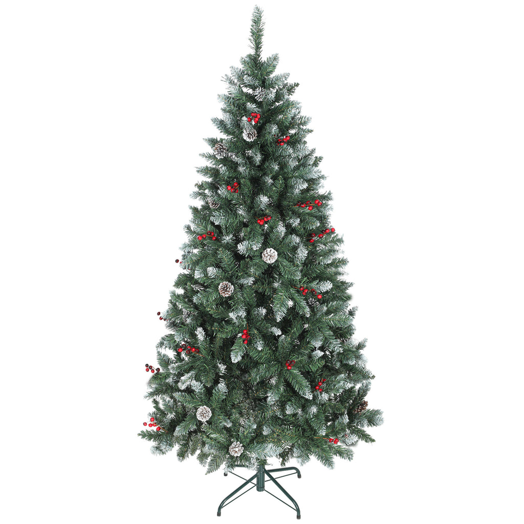 180cm Indoor Christmas Tree with 620 Branches, Pine Cones and Red Berries, Metal Base, Green