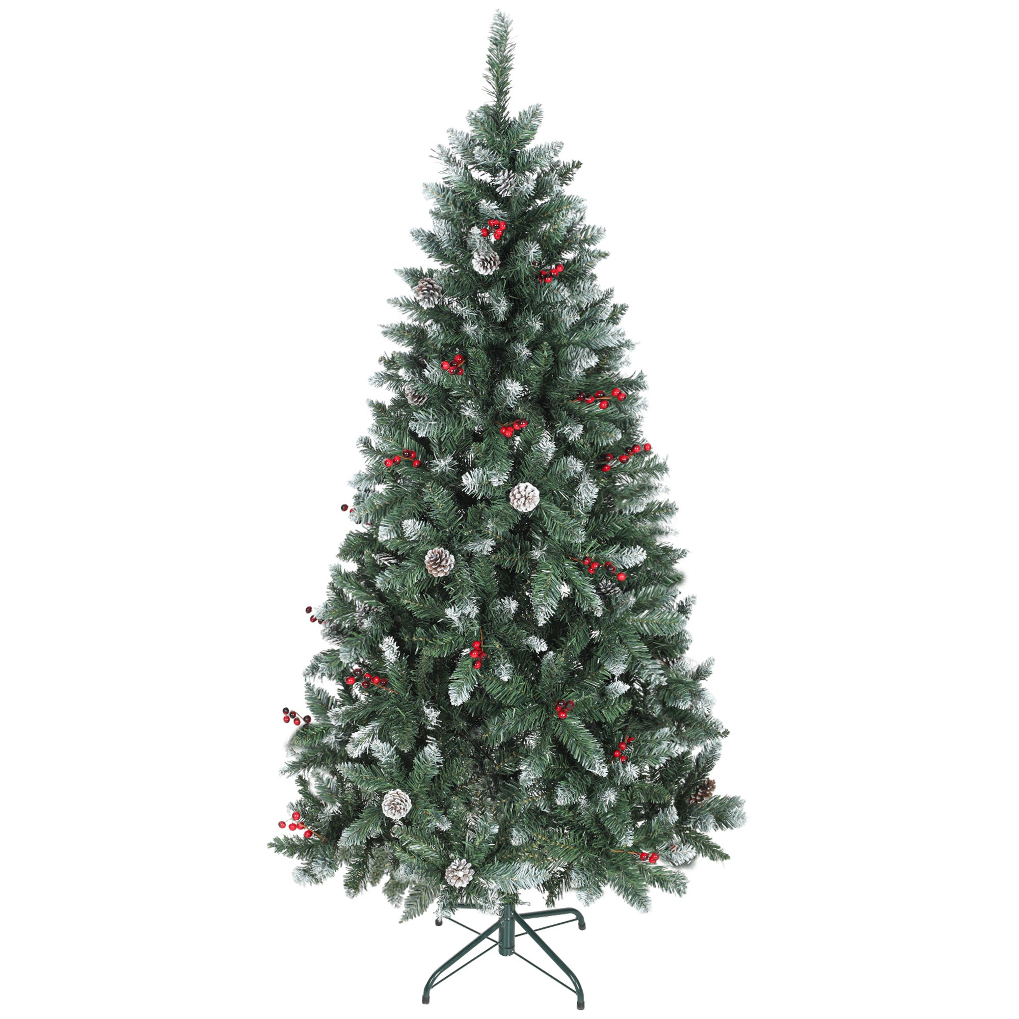 180cm Indoor Christmas Tree with 620 Branches, Pine Cones and Red Berries, Metal Base, Green