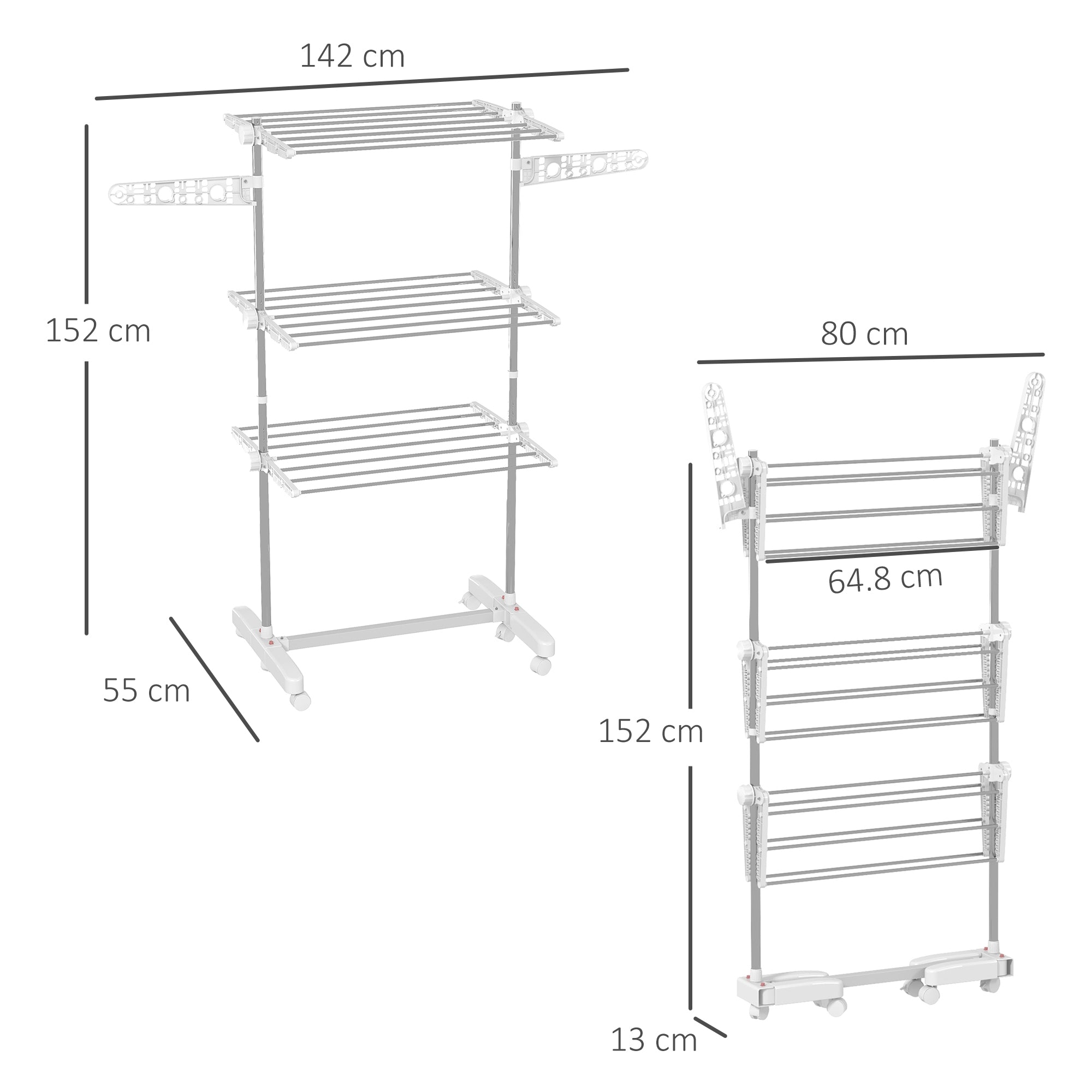 Folding Vertical Clothes Drying Rack in Steel and Plastic with 6 Wheels and 3 Adjustable Shelves, 142x55x172 cm