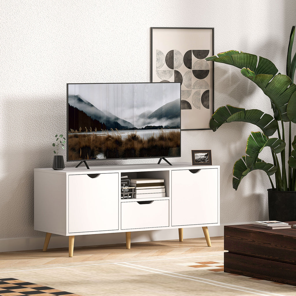 TV Cabinet max 50" with Drawer, Open Shelf and Cabinets, 110x40x50 cm, White and Wood