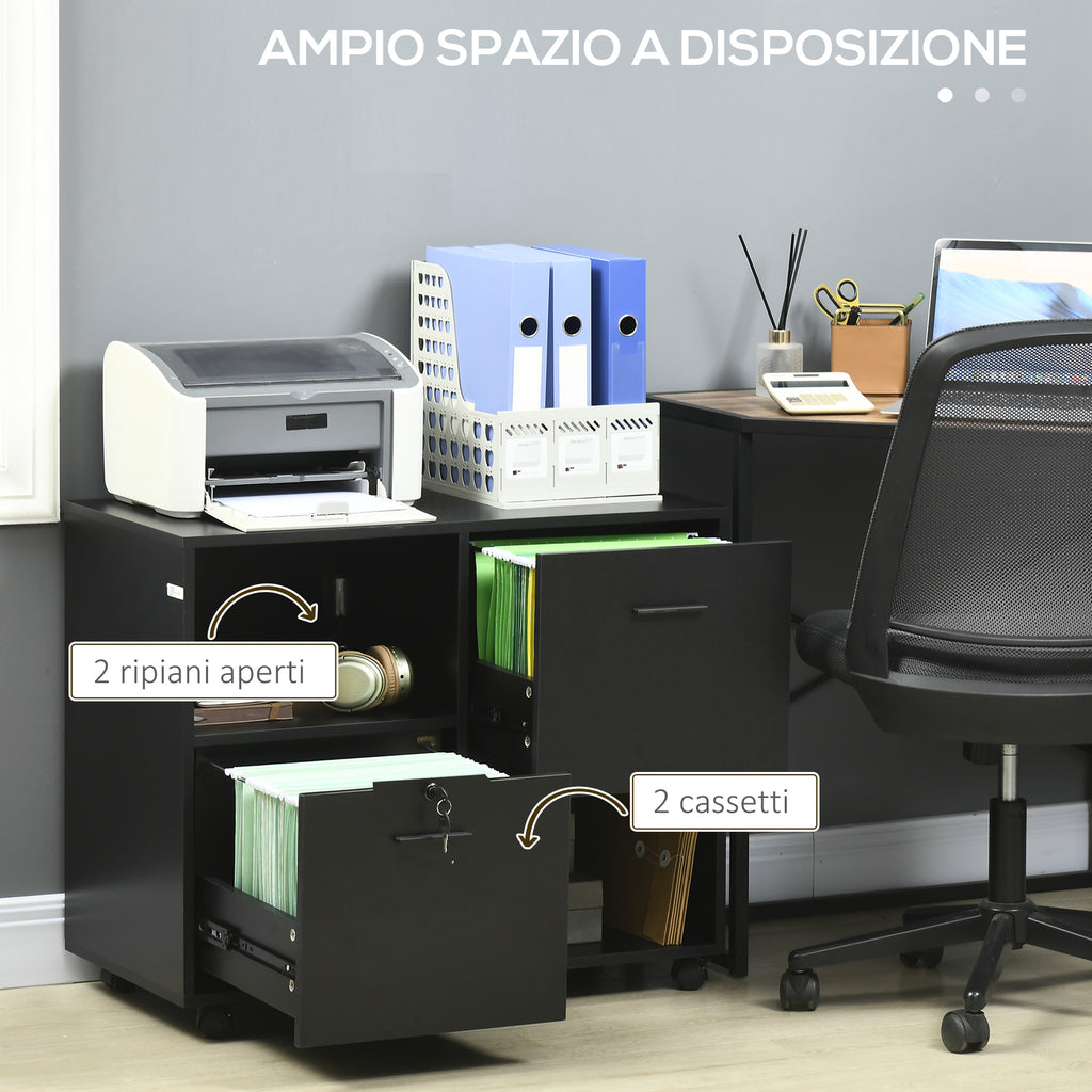 Mobile Office Cabinet with 2 Drawers for Documents and Shelves, Lockable Wheels, 80x40x66cm, Black
