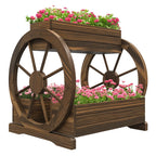 2-Tier Outdoor Wooden Planter with 3 Pots and Country Style Wagon Wheels, 64x54x60cm