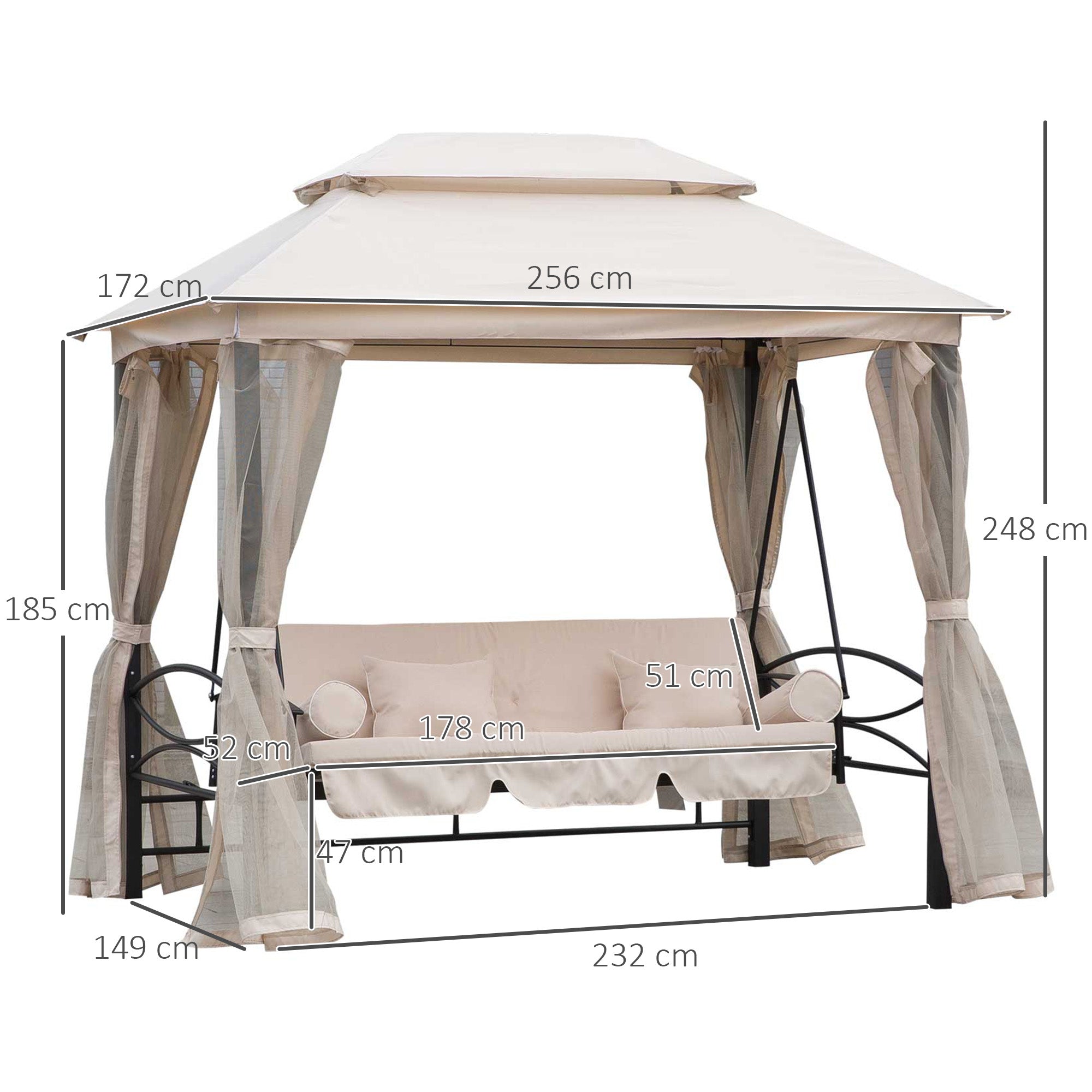 3-Seater Swing and Single Sun Lounger Gazebo Cover with Mosquito Net and Cushions 256x172x248cm Cream