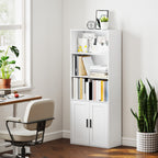 Bookcase with Open Shelves and 2-Door Cabinet with Adjustable Internal Shelf, 60x30x145.5 cm, White