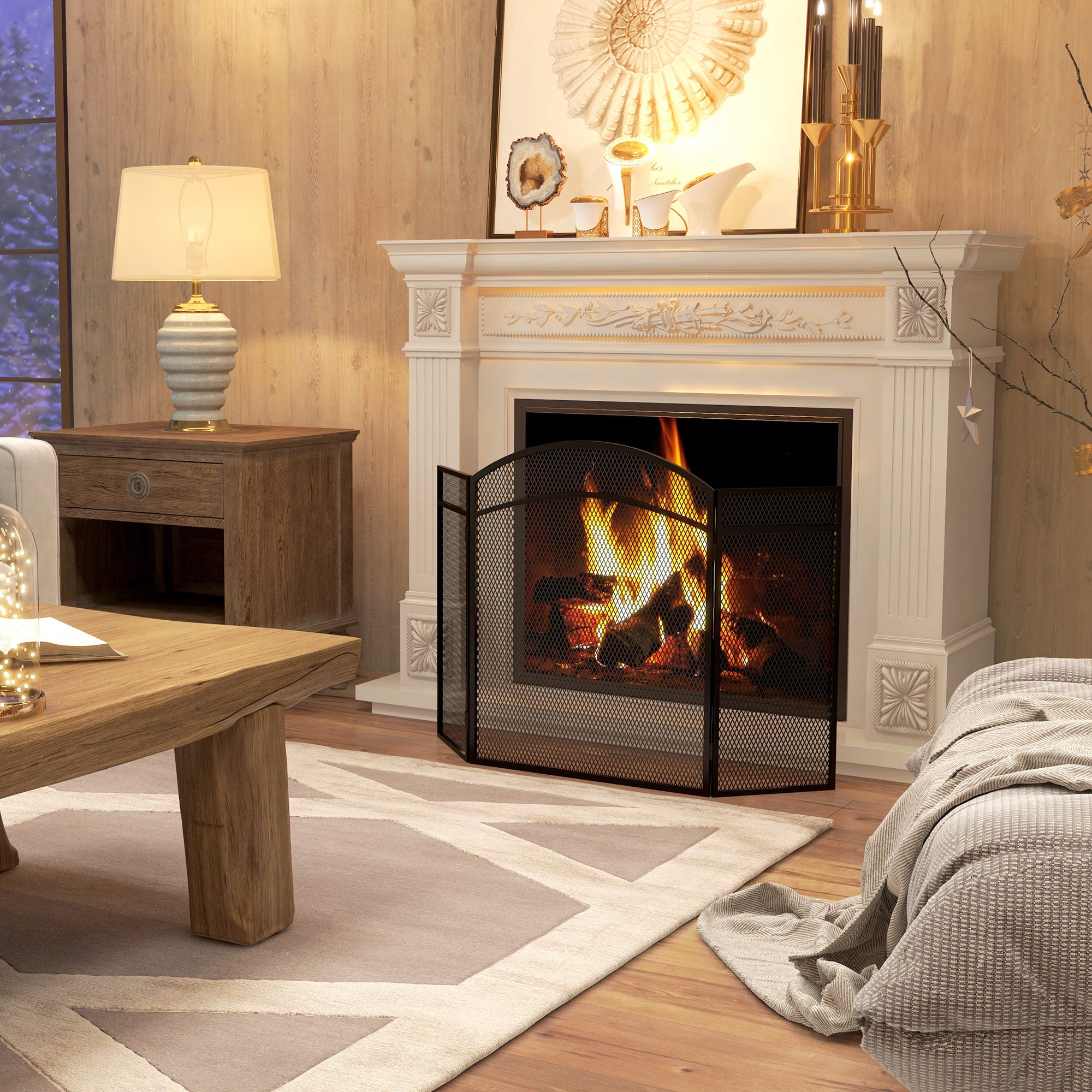 3-Panel Folding Fireplace Screen with Classic Design, 96x60cm, Black