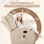 Manual Reclining Massage Chair, Electric Swivel Relax Chair with 2 Cup Holders, Remote Control, Footrest and 4 Side Pockets, in PU Leather, Wood and Steel, Cream