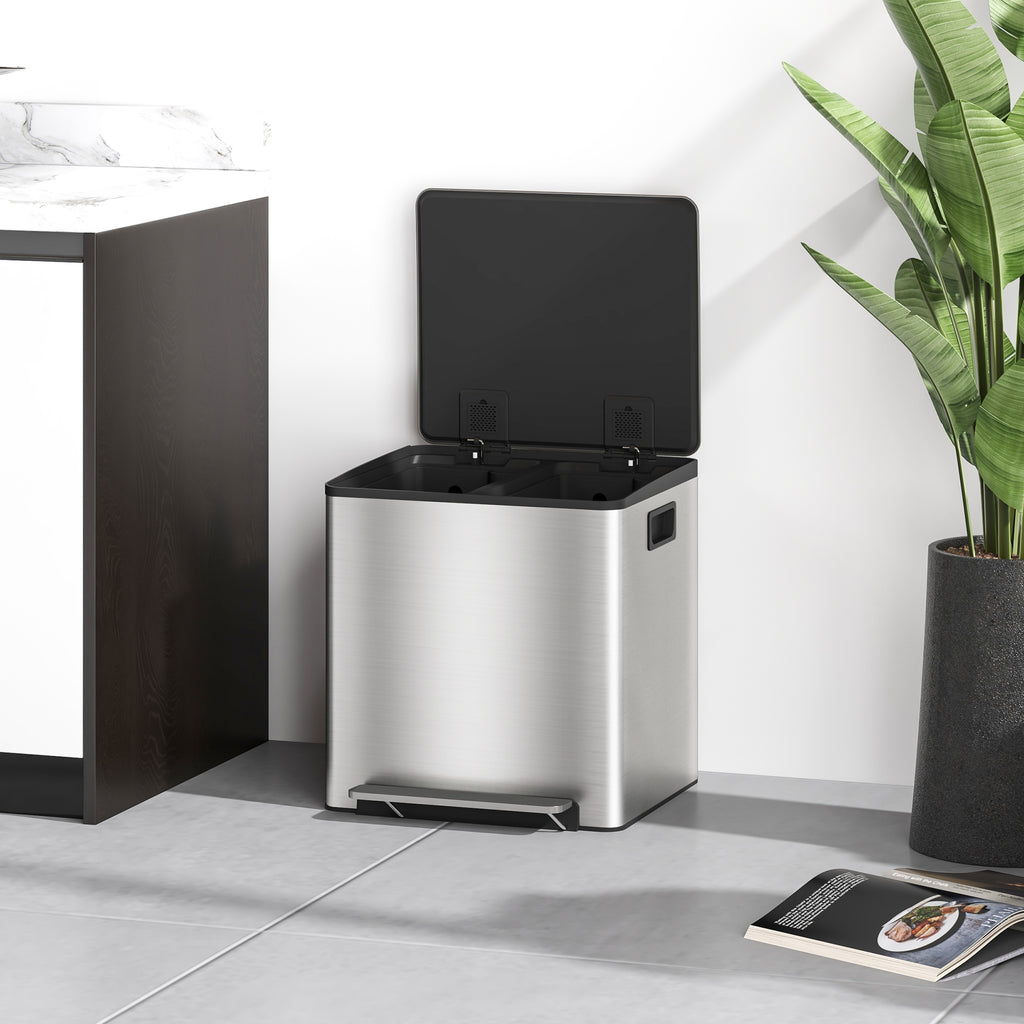 15L 2-Section Pedal Bin with Silent Lid, Stainless Steel and PP, 41.8 x 36.7 x 44 cm