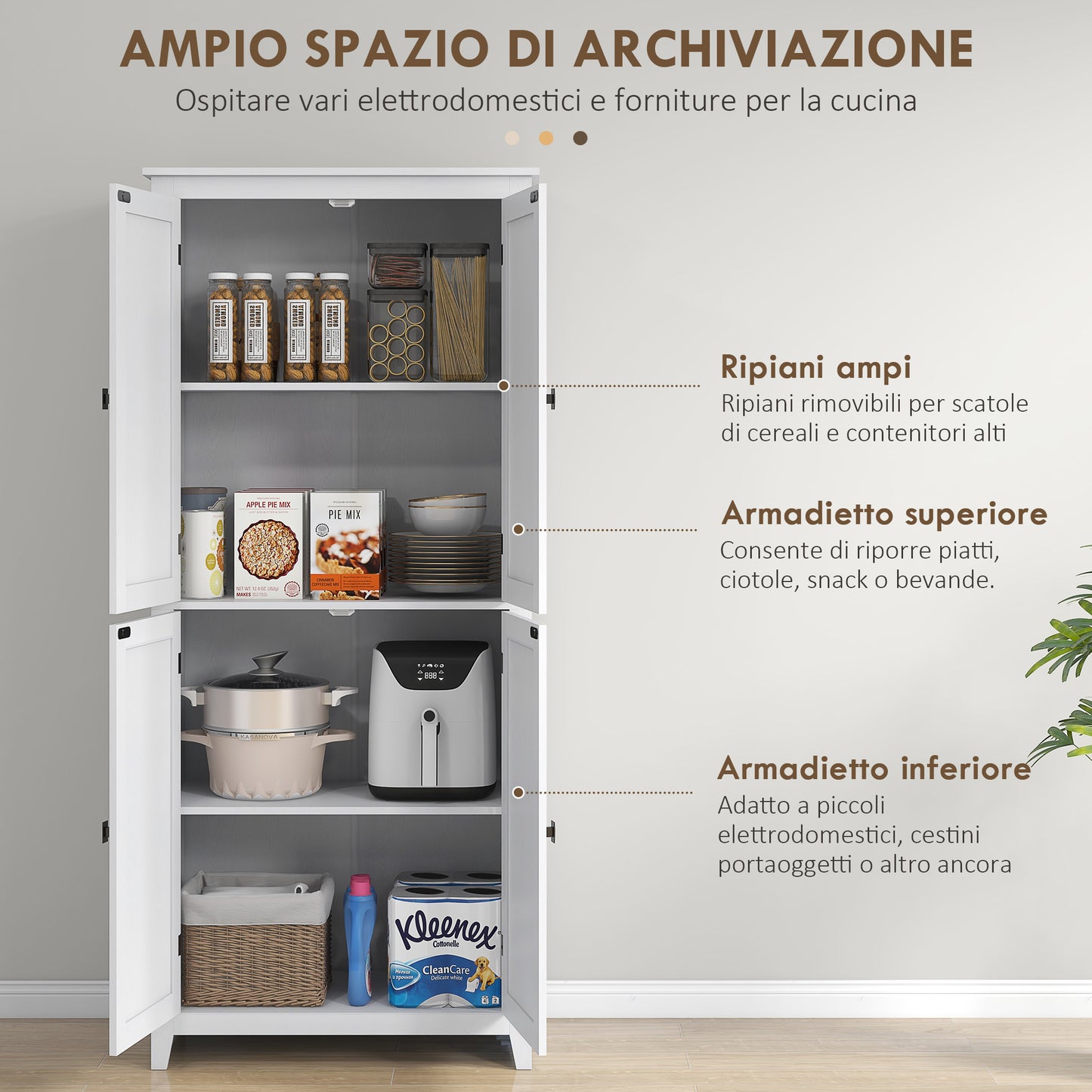 4-Door Kitchen Cabinet with Adjustable Shelves and Raised Wooden Base, 80x40x182cm, White