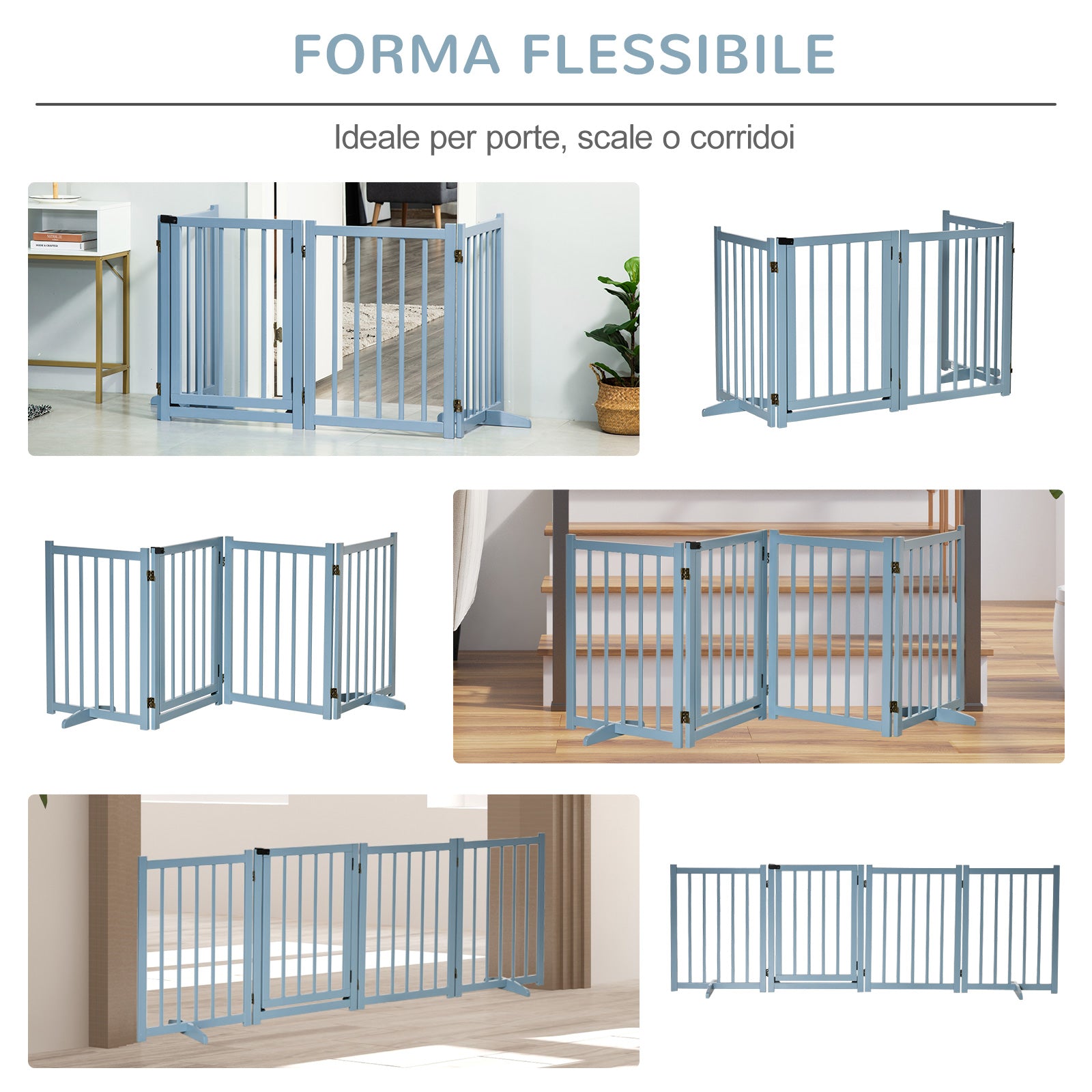 Folding Dog Gate for Small/Medium Dogs with 4 Wooden Panels and Door, 237.5 x 36 x 80 cm, Grey