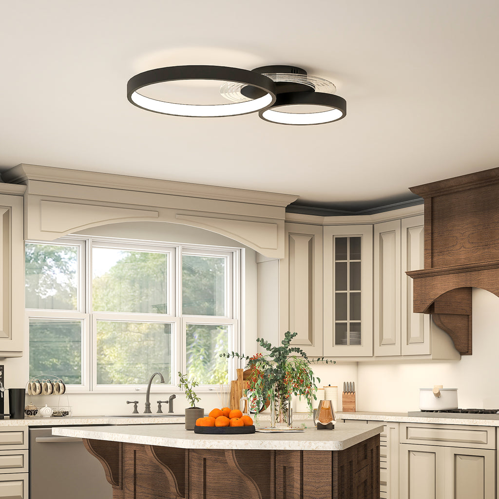 Modern 3-Ring LED Ceiling Light with Adjustable Brightness, 40W Power, Black