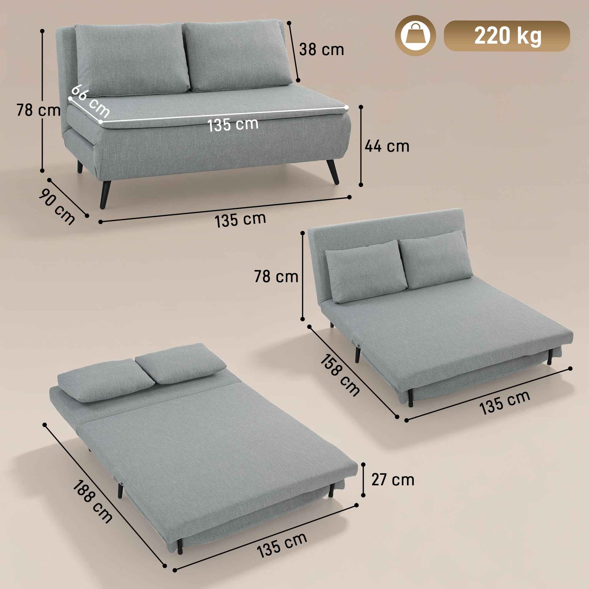 HOMCOM 3-in-1 2-Seater Sofa Bed in Linen Effect Fabric with 2 Cushions, Wood and Steel Frame, Light Grey