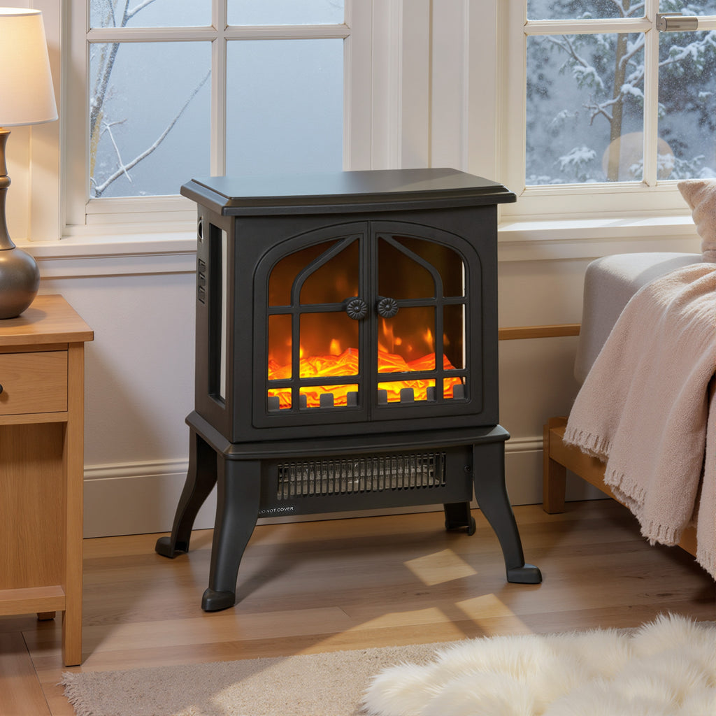HOMCOM 900/1800W Electric Fireplace with 3D Flame and Adjustable Thermostat (10-35°C), 30㎡, Black