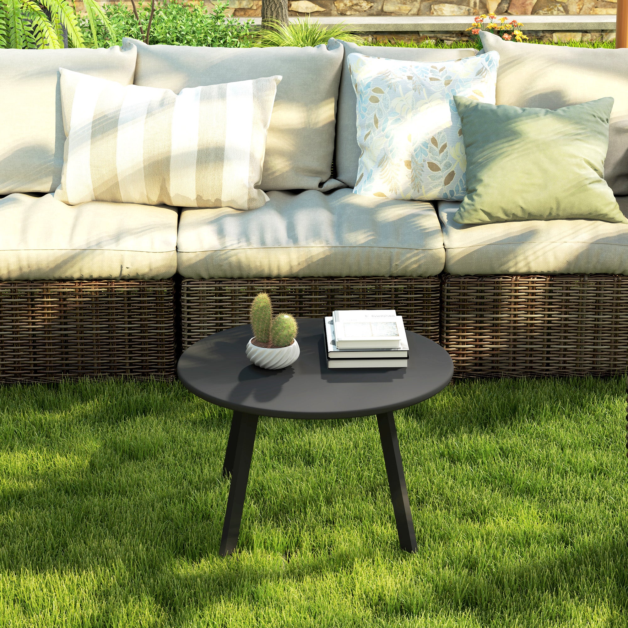 Round Garden Coffee Table in Industrial Style with Non-Slip Feet, in Metal, Ø70x42 cm, Black