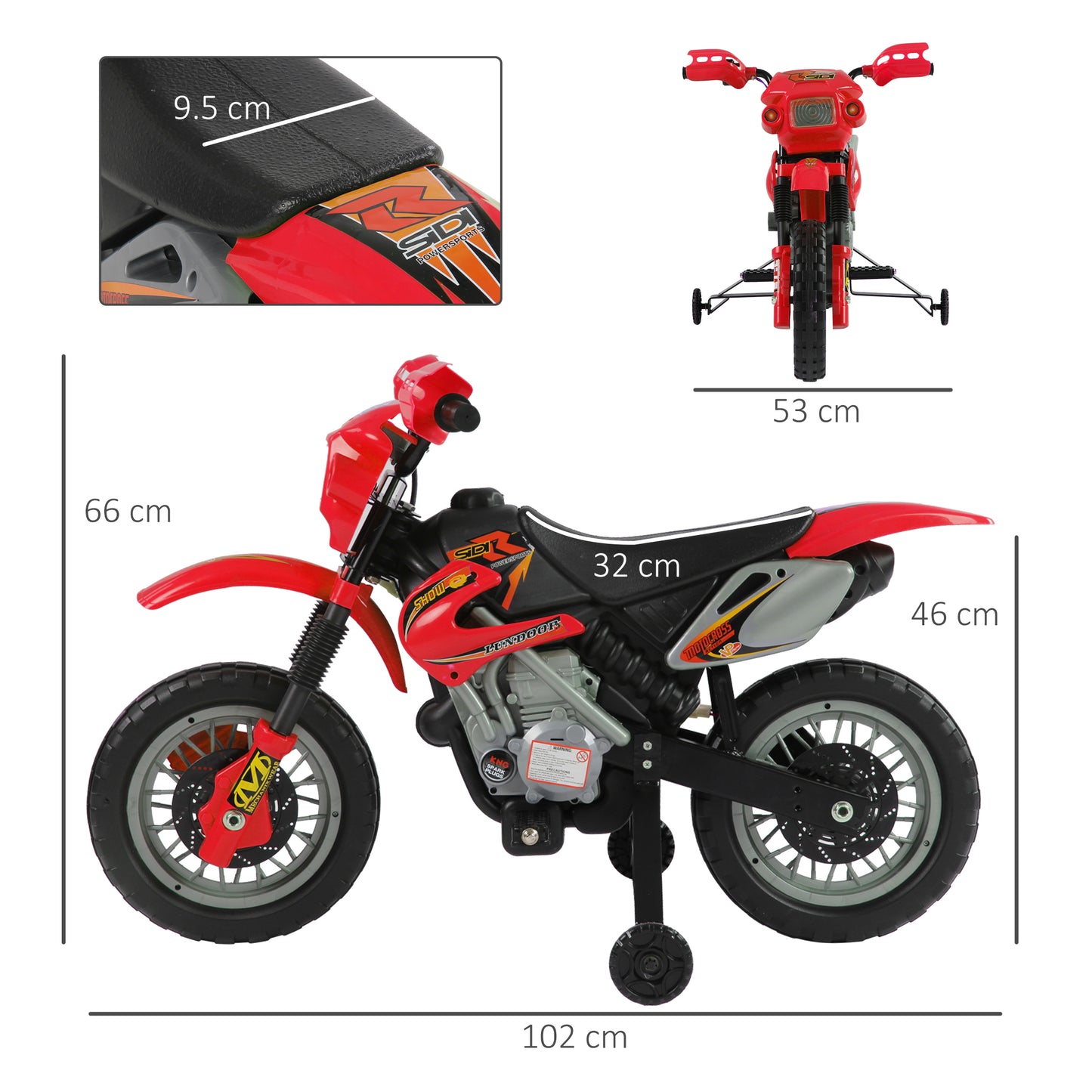 Electric Motorcycle for Children 3-6 Years in PP Plastic with Support Wheels, Headlights and Music, 102x53x66 cm, Red and Black