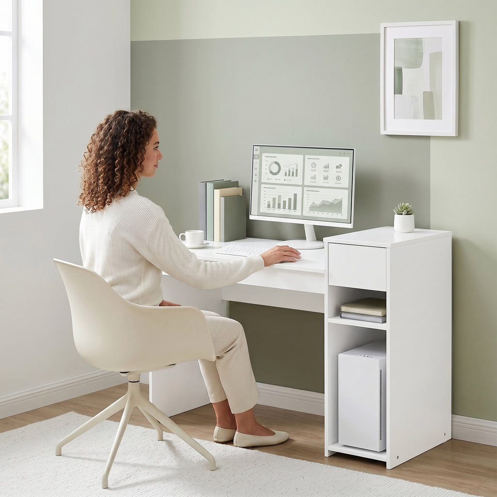 HOMCOM 108cm Study and Writing Desk with Drawer and Shelves, White