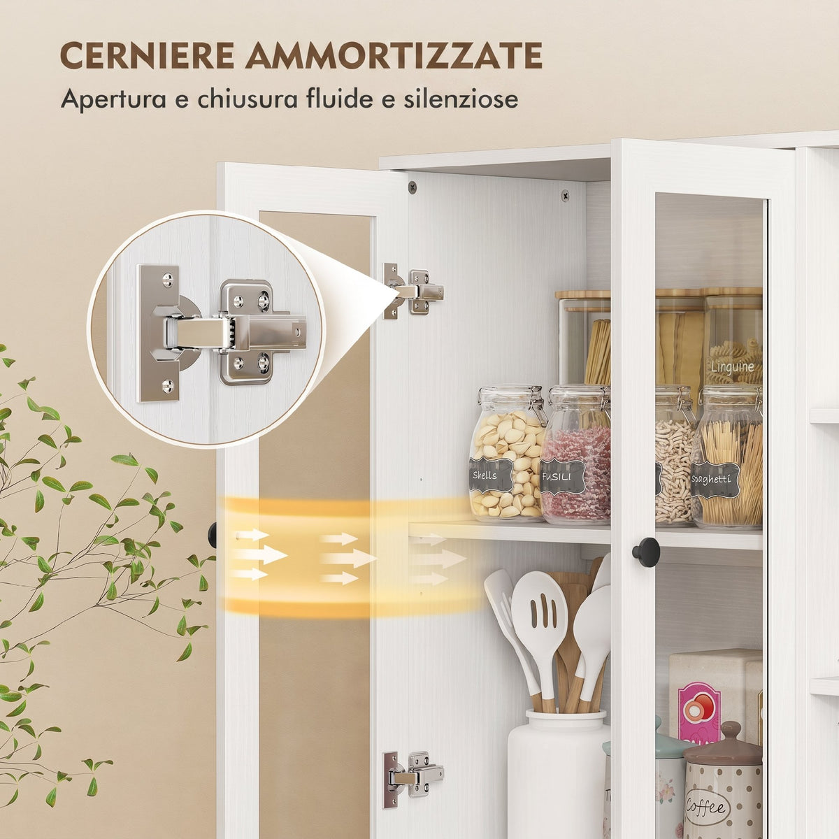 HOMCOM Tall Kitchen Sideboard, Pantry Cabinet with 4 Soft-Close Glass Doors, 6 Open Shelves, Adjustable Shelves, White
