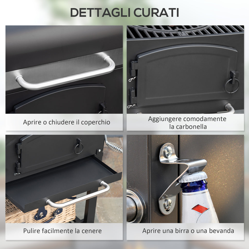 Outsunny 2-Wheel Garden Barbecue with Grill, Smoker and Stove, in Metal and Cast Iron, 124x66x112 cm, Black - Borgè