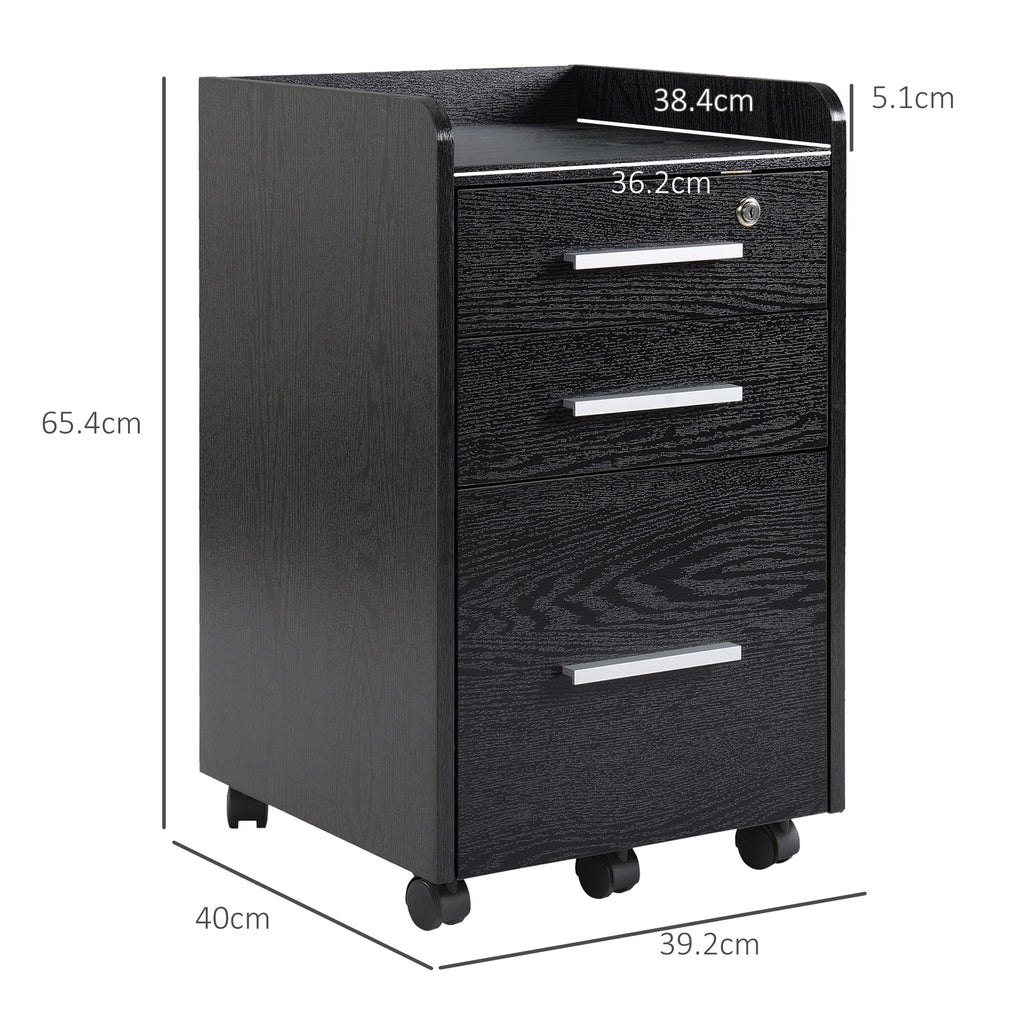 3-Drawer Wooden File Cabinet with Security Keys and 5 Wheels, 39.2 x 40 x 65.4 cm, Black