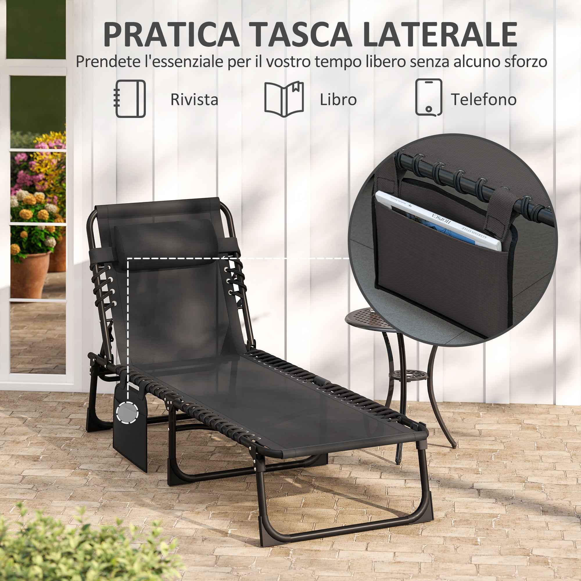 Outsunny Folding Garden Lounger with 5-Position Reclining Backrest and Cushion, 185x58x30cm, Black