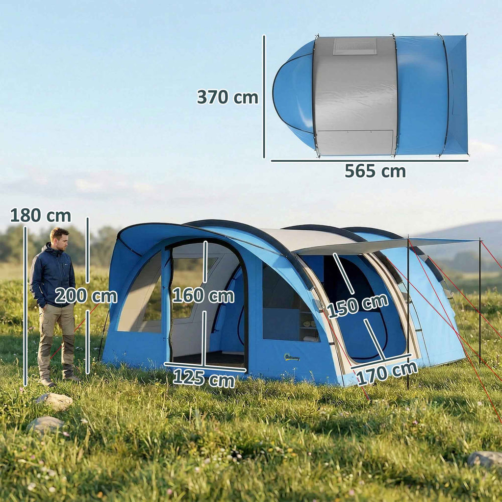 Outsunny 2-4 Person Tunnel Tent, 200cm High, 2 Bedrooms, 3000mm Waterproof, for Trekking, Blue