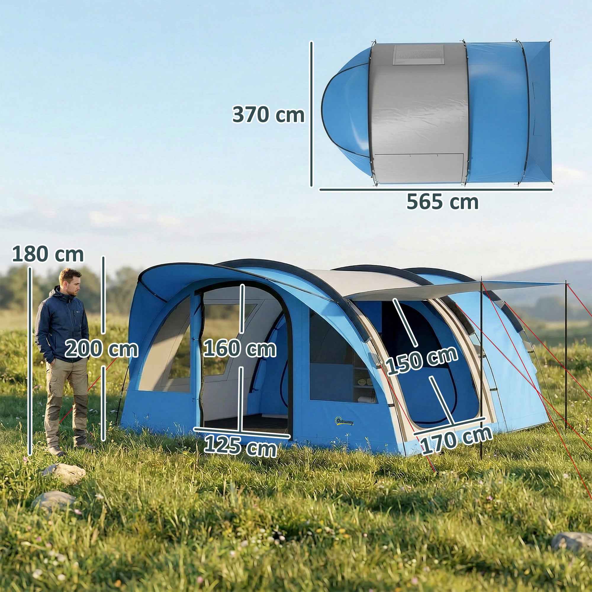 Outsunny 2-4 Person Tunnel Tent, 200cm High, 2 Bedrooms, 3000mm Waterproof, for Trekking, Blue