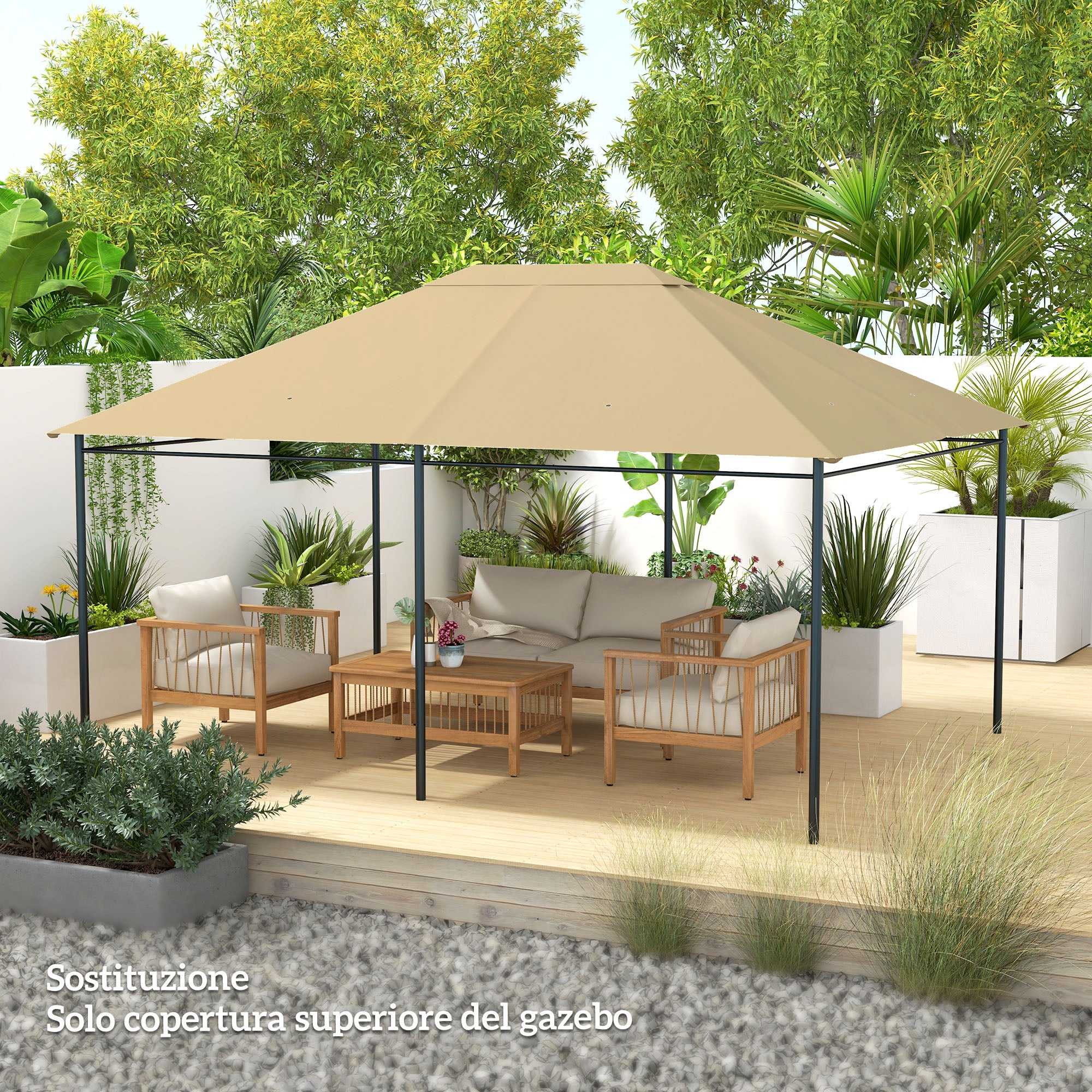 Outsunny 4x3m UV-Resistant Polyester Gazebo Replacement Roof with Air Vent, Khaki