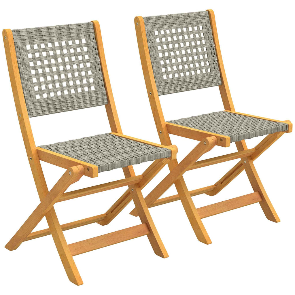 Outsunny Set of 2 Folding Garden Chairs in PE Rattan and Acacia Wood, Supports up to 160 kg, Grey