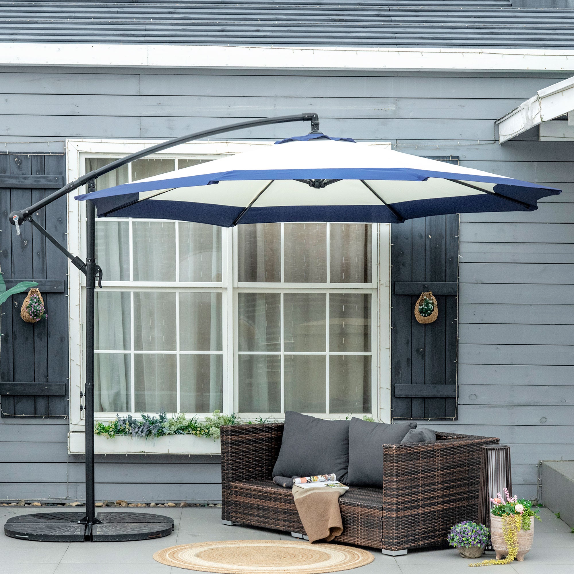 Garden Umbrella with Arm 3x2 m with Crank, Metal and Polyester, Dark Blue and Cream