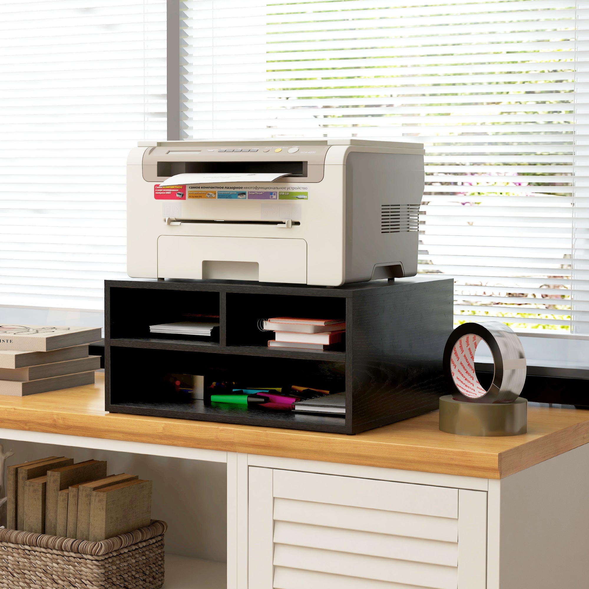 Office Printer Stand with 3 Open Shelves, 2 Levels, 47 x 40 x 22.5 cm, Black