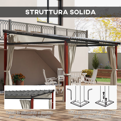 Outsunny Pergola with lateral curtains and retractable roof in PC, aluminum and metal, 345x300x215-255 cm, cream - Borgè