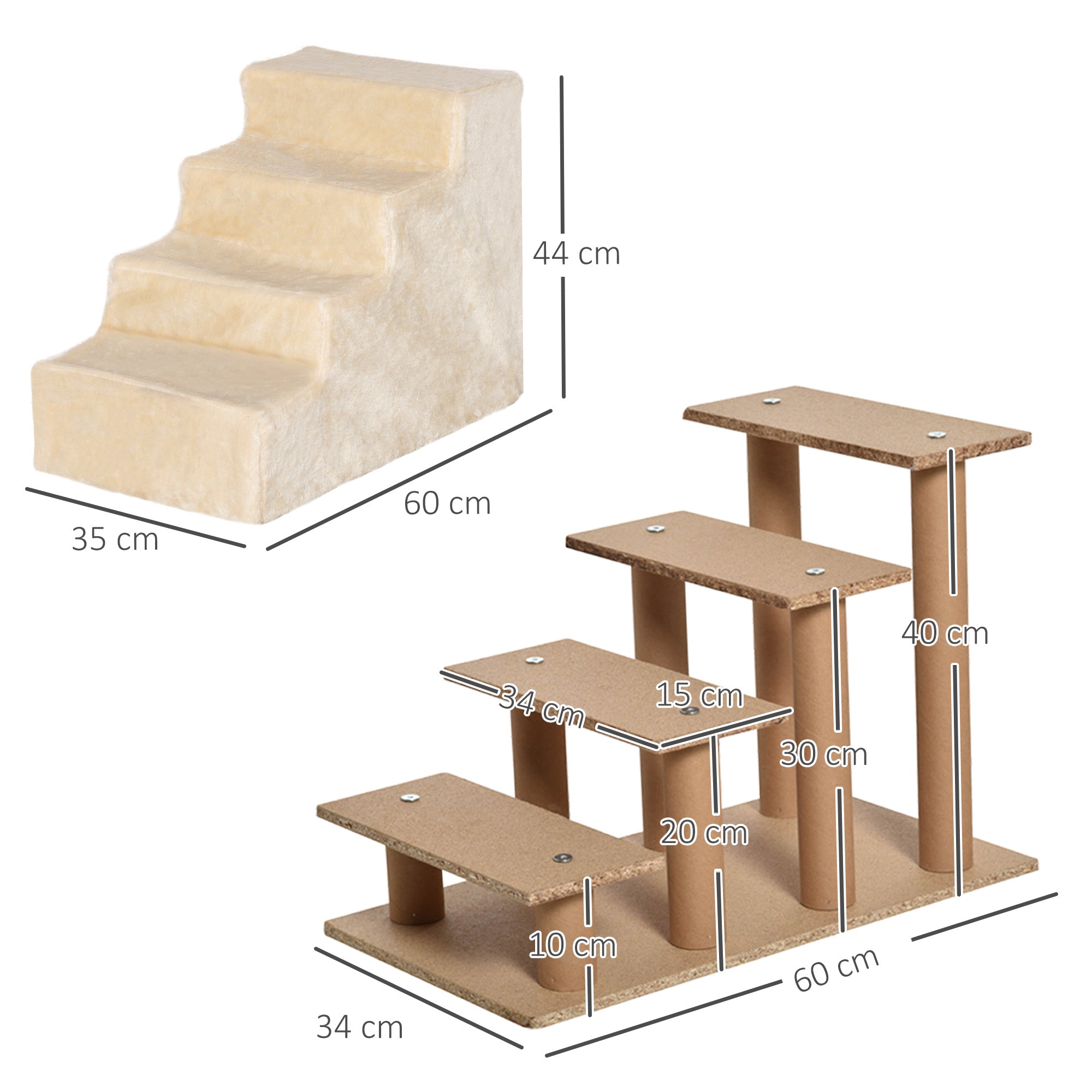 Portable 4-Step Dog Stairs, Removable Flannel and Chipboard, 60x35x44 cm, Beige