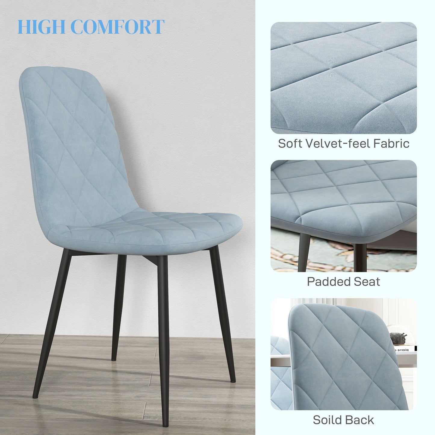 Light Blue Set of 4 Padded Kitchen Chairs, in Velvet Effect Fabric and Steel, 45x54x87 cm - Borgè