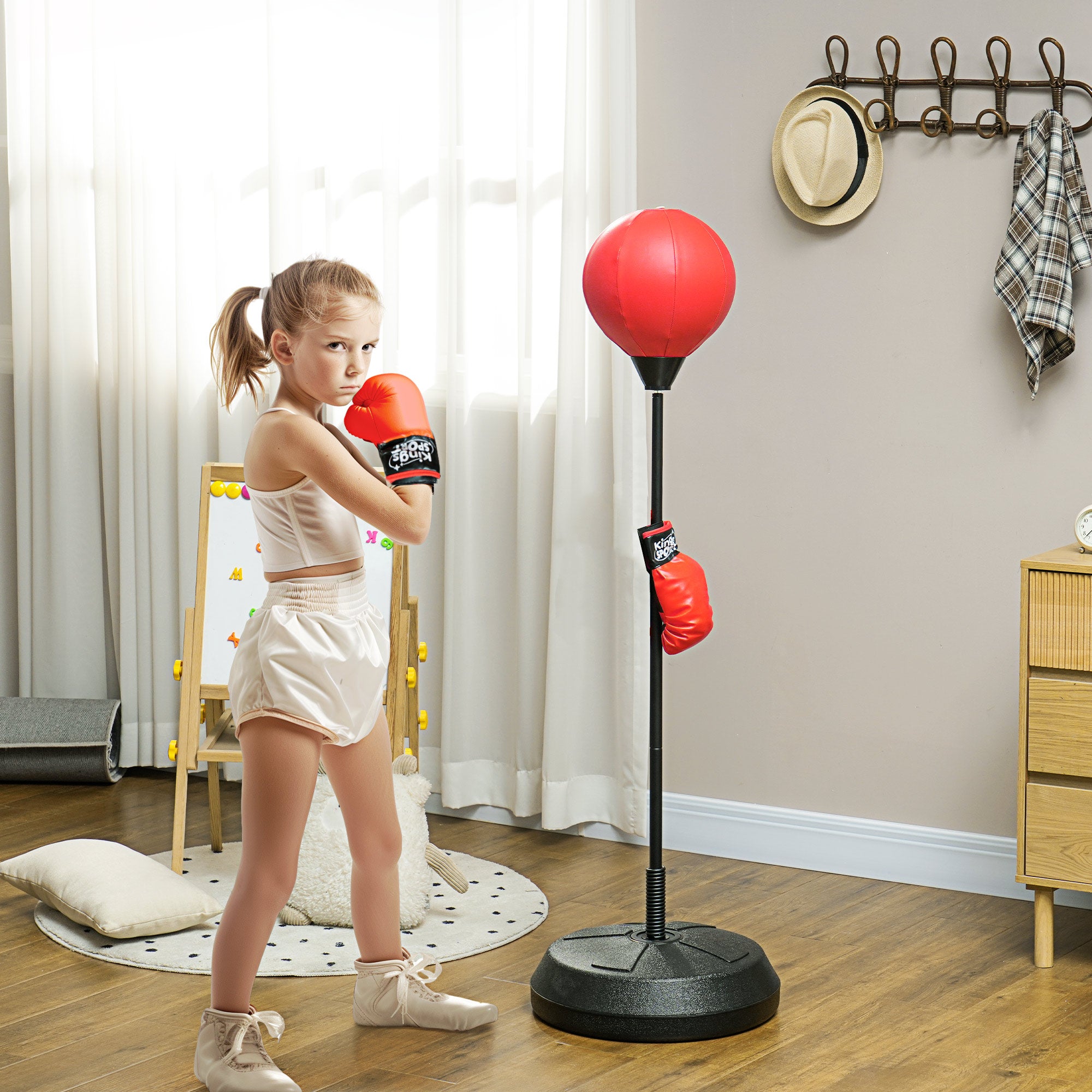 Floor Punching Ball for Kids 5-10 Years Old with Gloves and Adjustable Height, Red