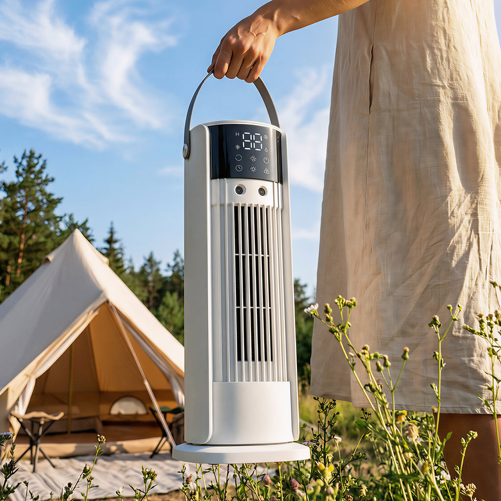 HOMCOM Misting Table Fan, Remote Control, Handle, LED Lights, 3 Speeds, 10-Hour Timer, White
