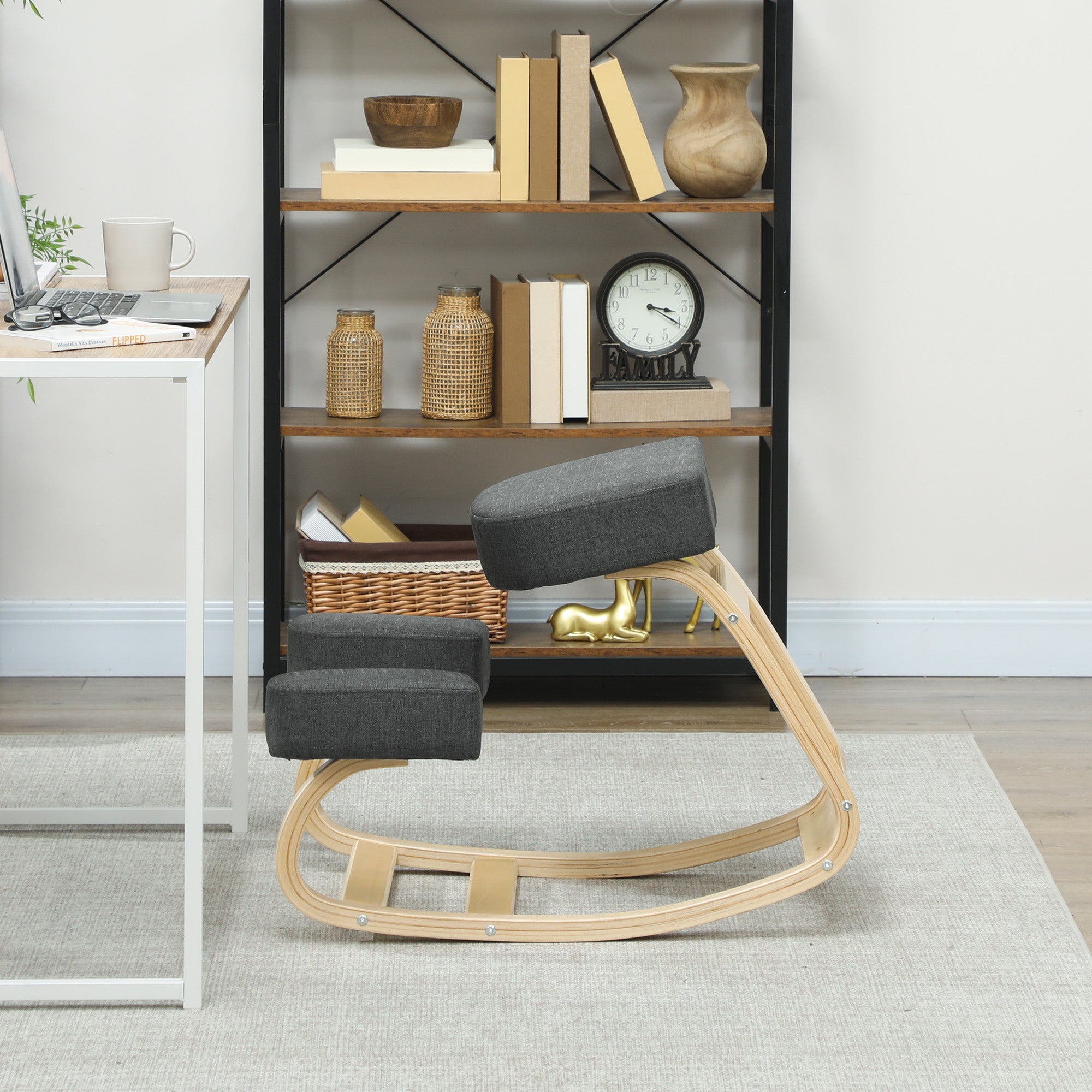 Ergonomic Kneeling Chair in Birch Wood and Cushion, 51x69x58 cm, Grey