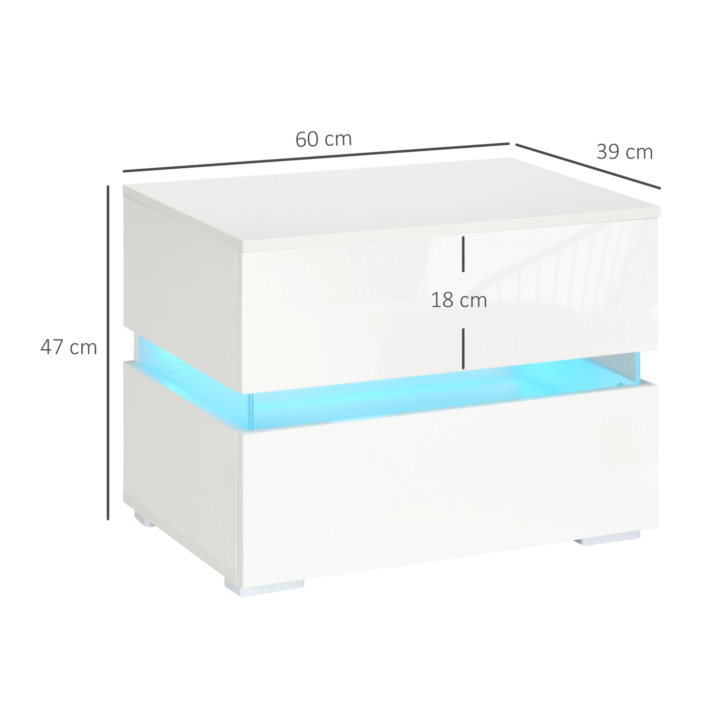 Bedside Table with Built-in RGB LED Light with 2 Drawers, 4 Light Modes and 16 Colors, Chipboard, 60x39x47cm, White