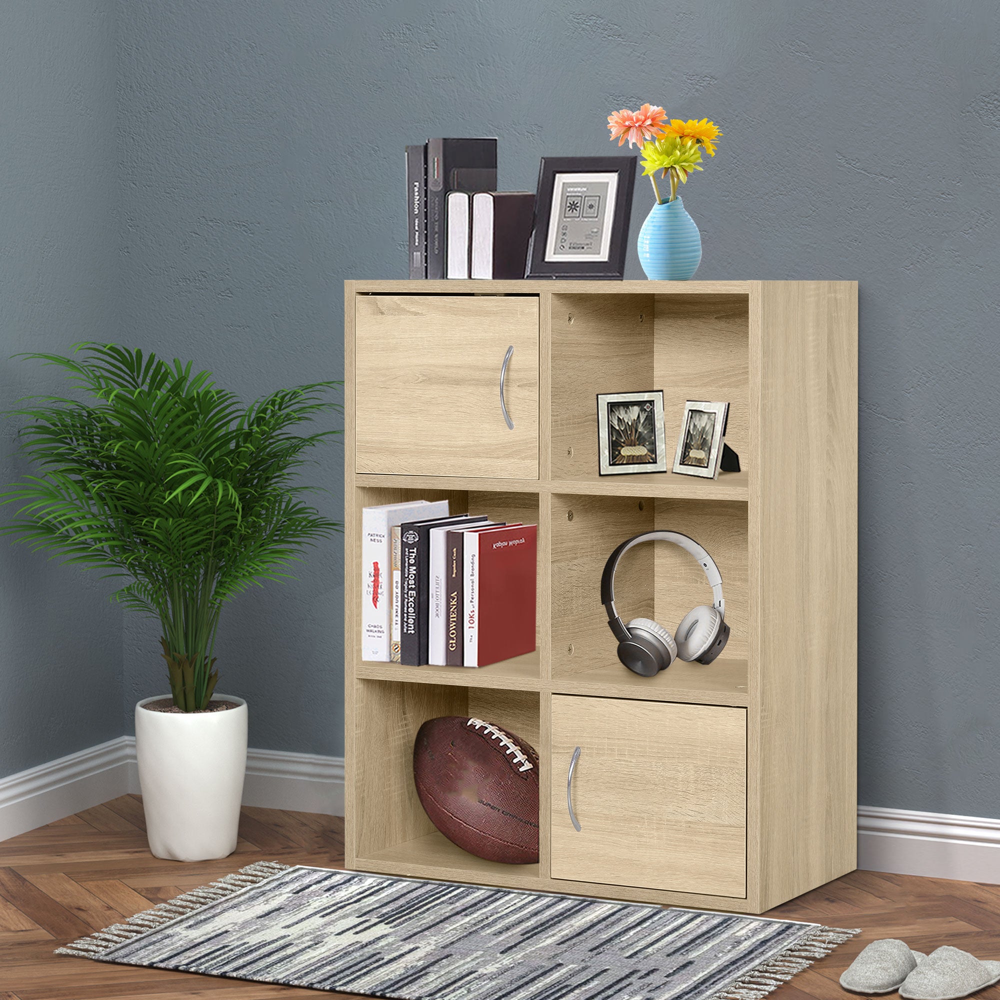 Wooden Bookcase, Multipurpose Cabinet with 3 Shelves, 4 Compartments and 2 Doors, 61.5x29.5x80cm