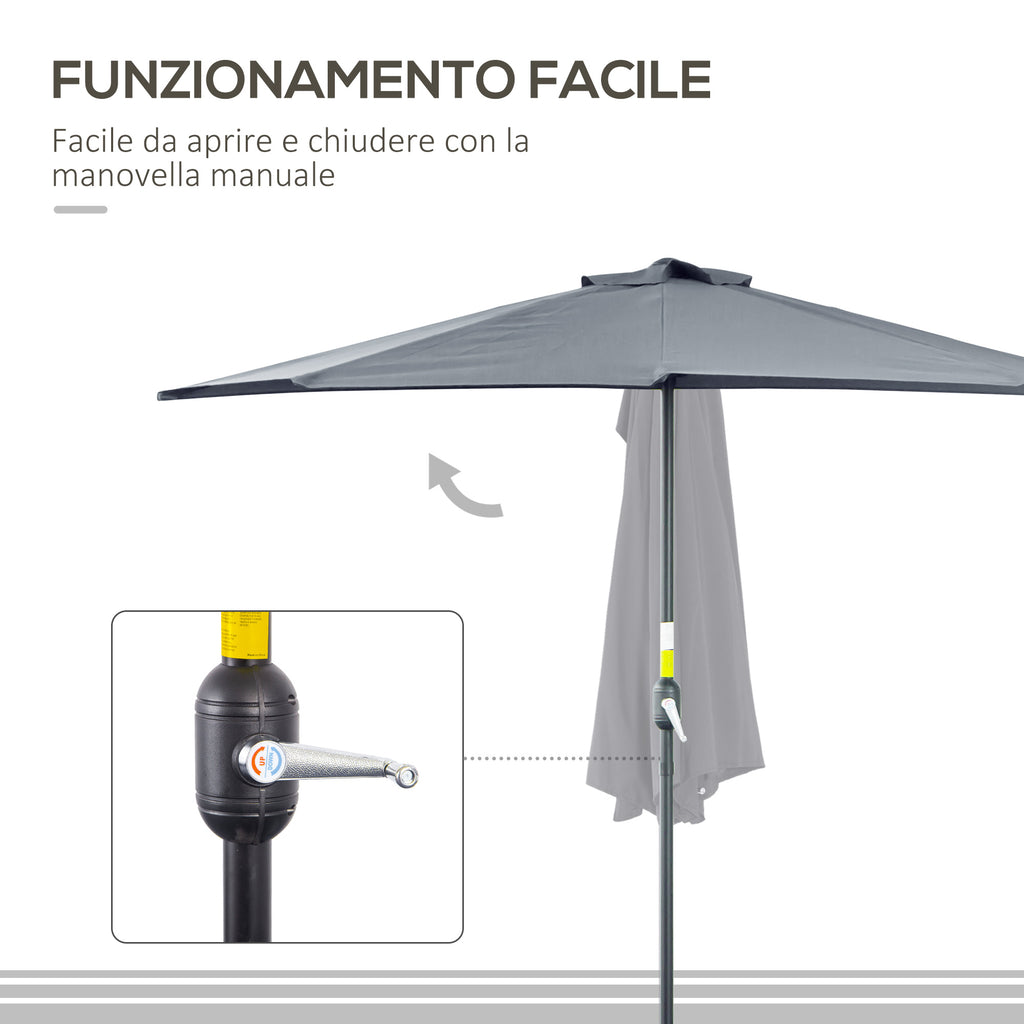 Outsunny Semicircular Wall-Mounted Umbrella with Crank Handle, Polyester and Metal, 2.7 x 2.4 m, Grey