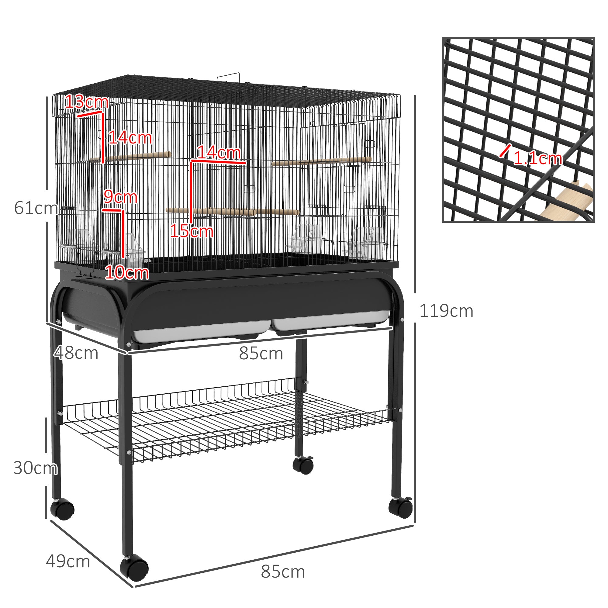 PawHut Indoor Bird Cage with Tray, Shelf and Wheels with Brakes, 85x49x119 cm, Black