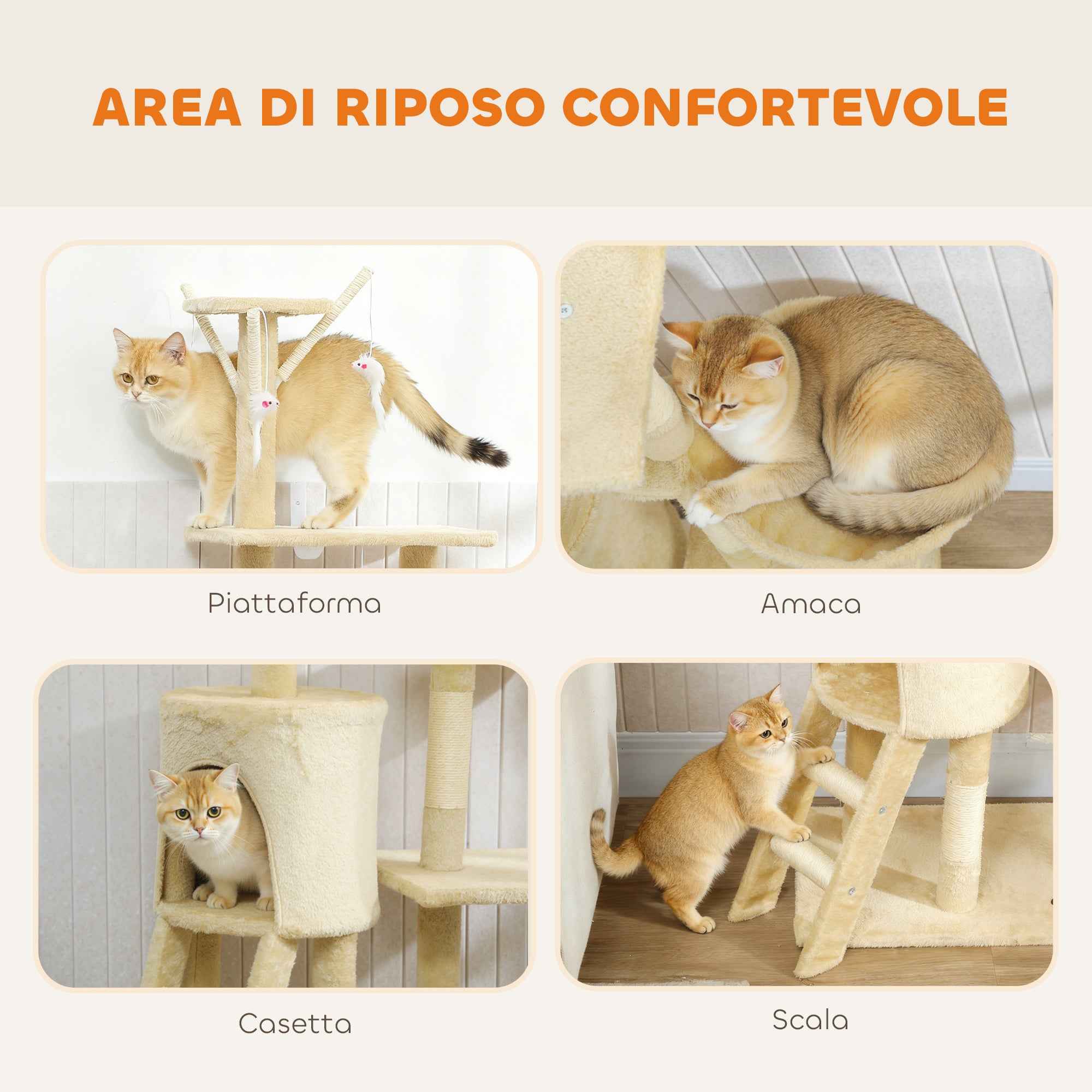 PawHut Cat Tower with House, Perch, Platforms and 4 Hanging Mice, 60x35x134 cm, Beige