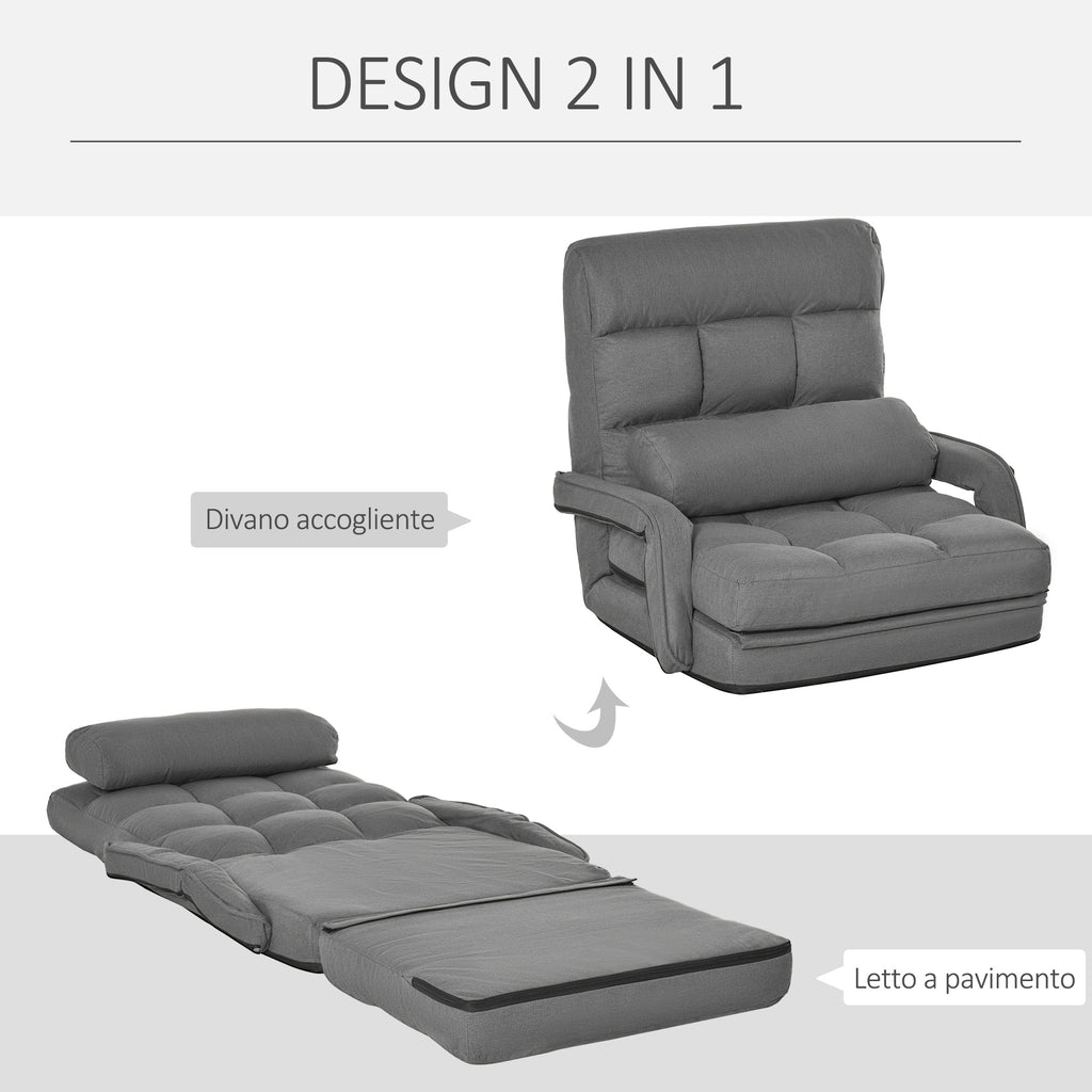 Single Sofa Bed with Cushion and 5-Level Reclining Backrest, 62x78x70 cm, Grey