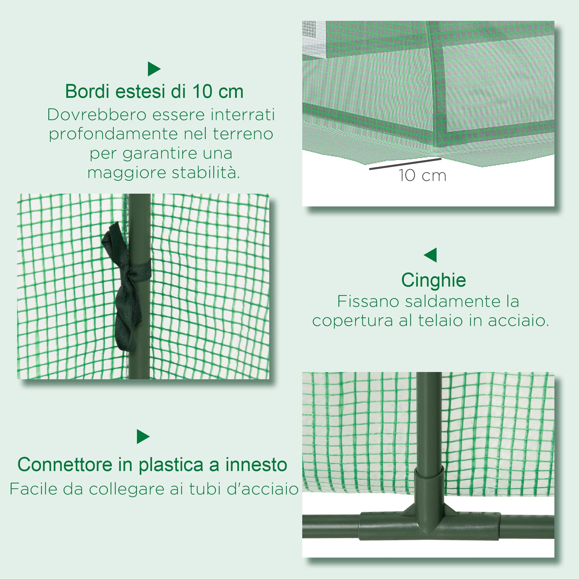 Small Greenhouse with 5 Windows and Central Grid, in Steel, PE and PP, 300x80x45 cm, Green