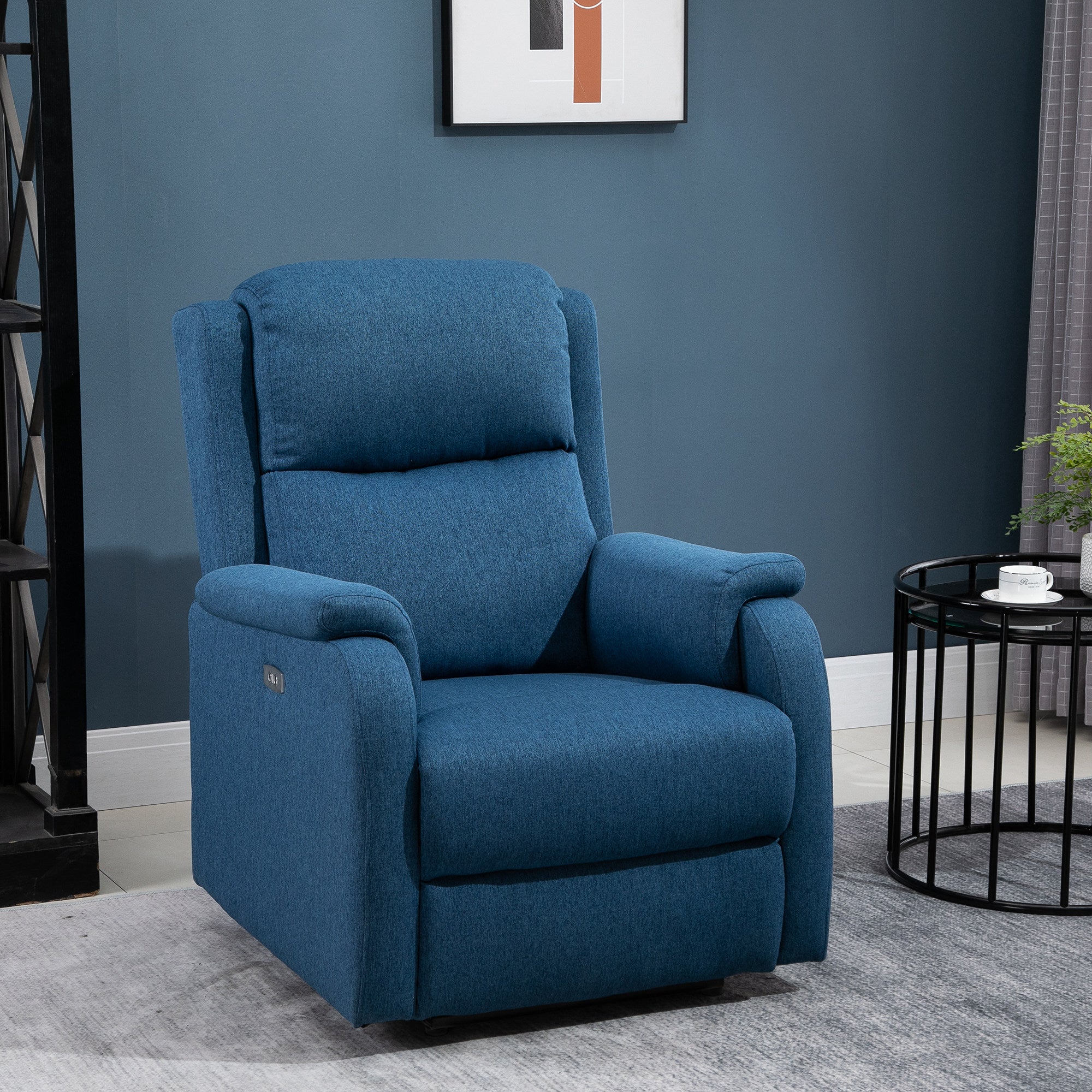 Reclining Chair with Footrest, in Linen Effect Fabric, Wood and Metal, 77x91x106 cm, Blue
