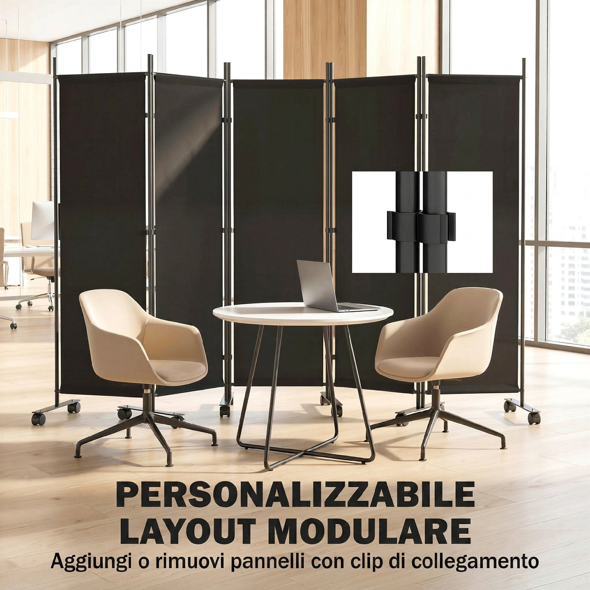 Outsunny 5-Panel Decorative Steel Room Divider with 12 Wheels and Connection Clips, Black
