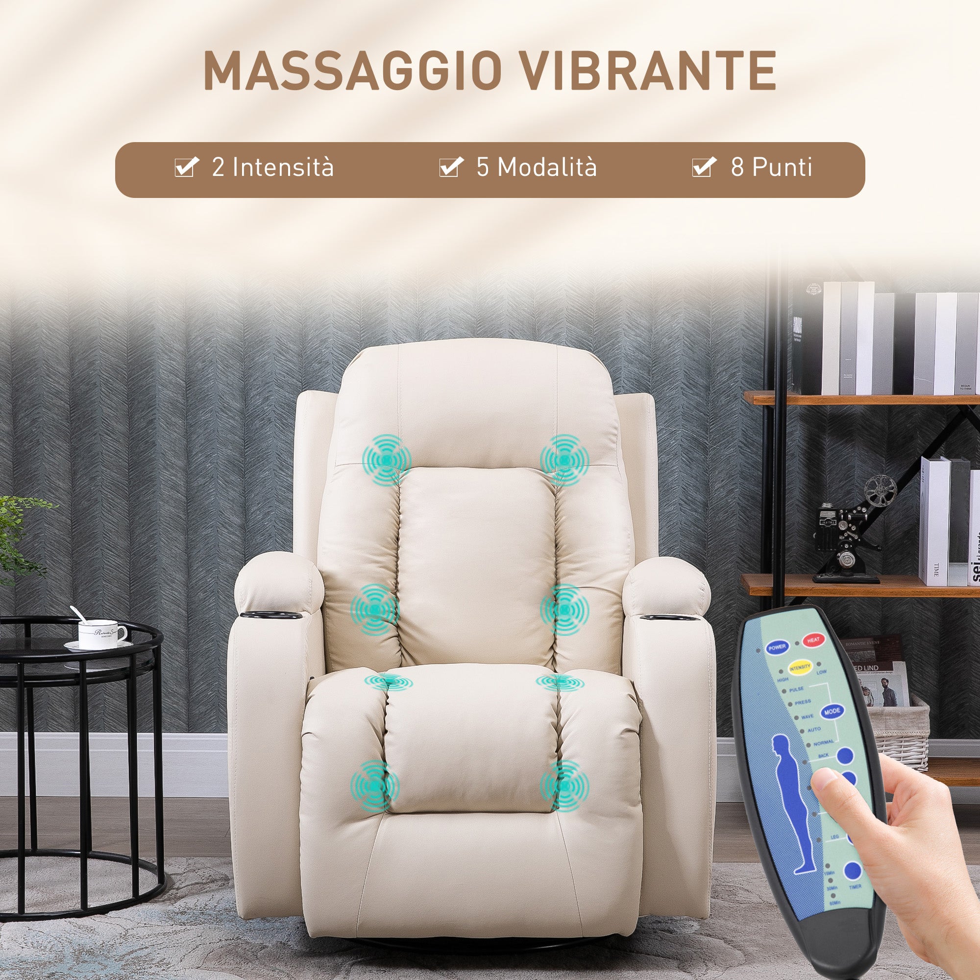 8-Point Reclining Massage Chair with Cup Holder and Remote Control, 85x94x104 cm, Beige