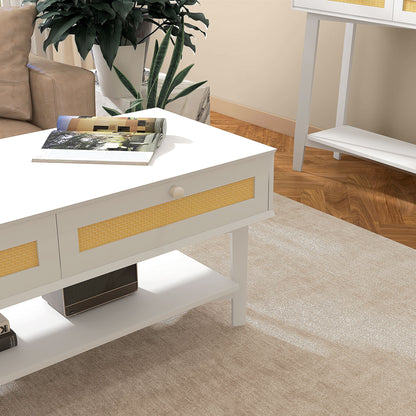 HOMCOM Boho Coffee Table with 2 Drawers and Shelf, in Rattan and Chipboard, 120x50x50 cm, White and Wood Color