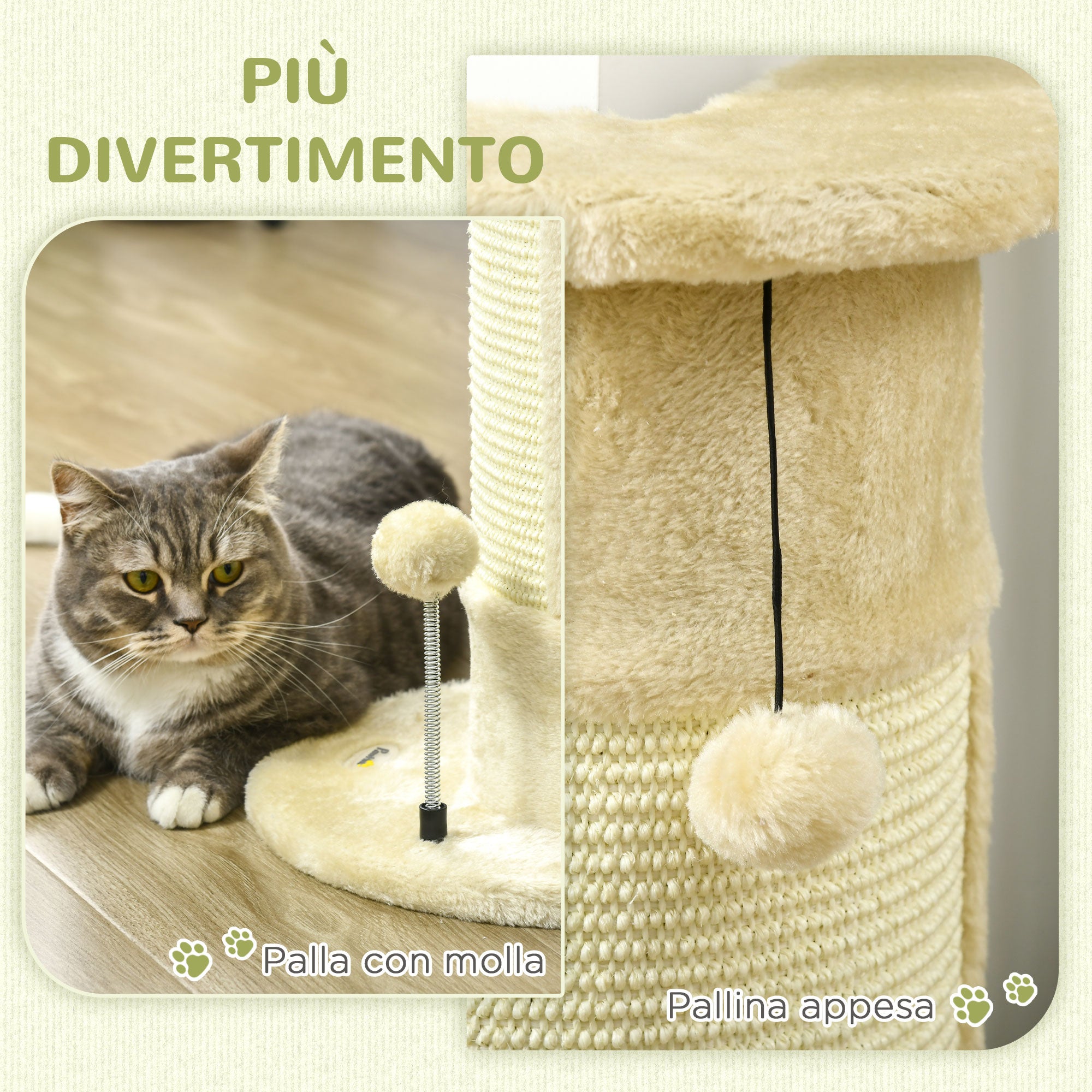 Cat Scratching Post for Cats up to 5kg with 2 Sisal Balls and Plush, 34x25.5x58cm, Beige